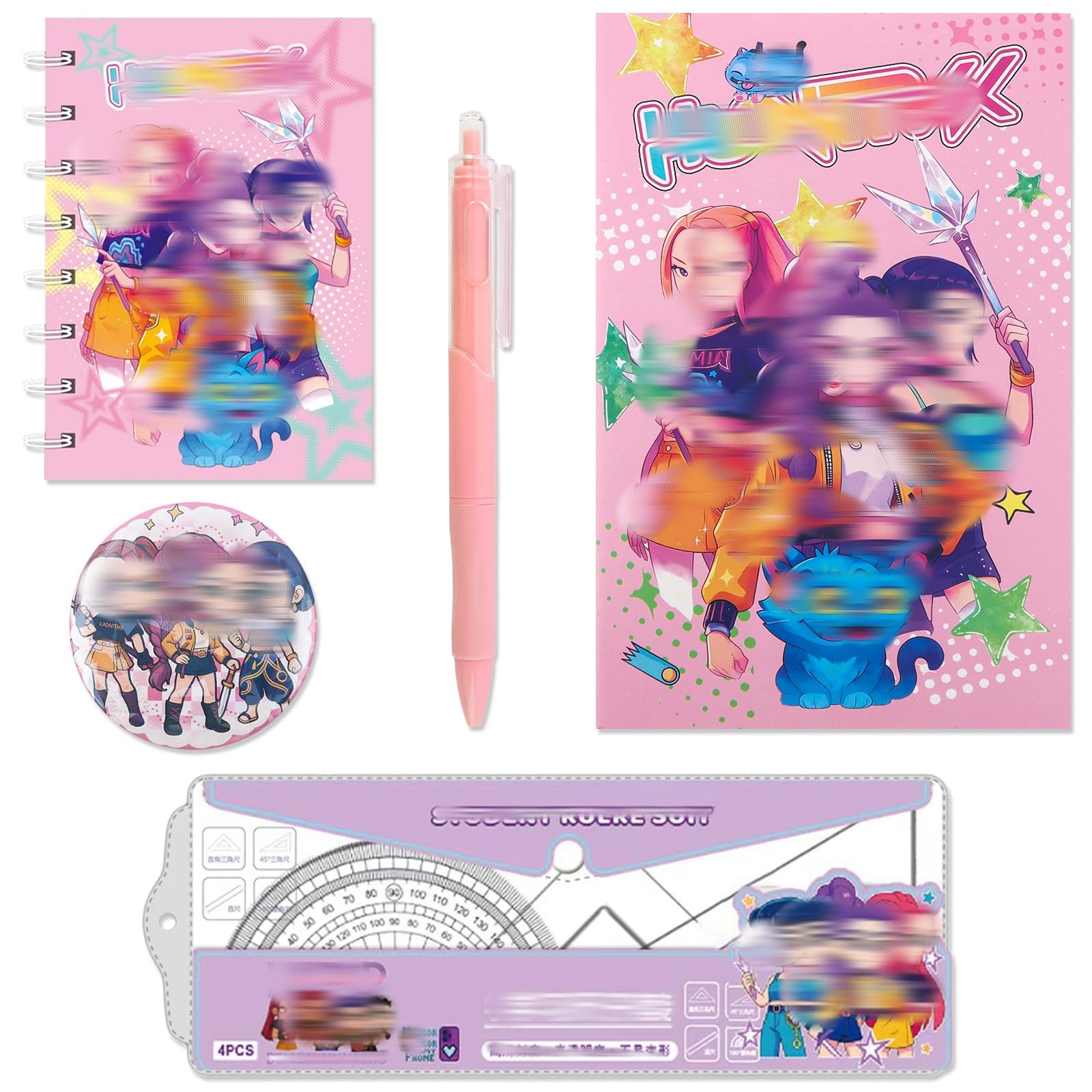 K Pop School Supplies Stationery Set Girls, Pink Cartoon Stationary Including Ink Pens Notebook Badge Ruler Cute Stationery Supplies Back to School Gift for School Season Boys Kids
