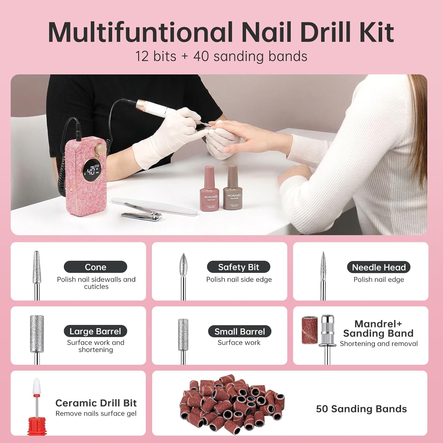 Rechargeable 40000RPM Nail Drill Sparkling Portable Professional Electric Nail File with 12 Drill Bits for Manicure Salon & Home, Glitter (Pink Diamond)