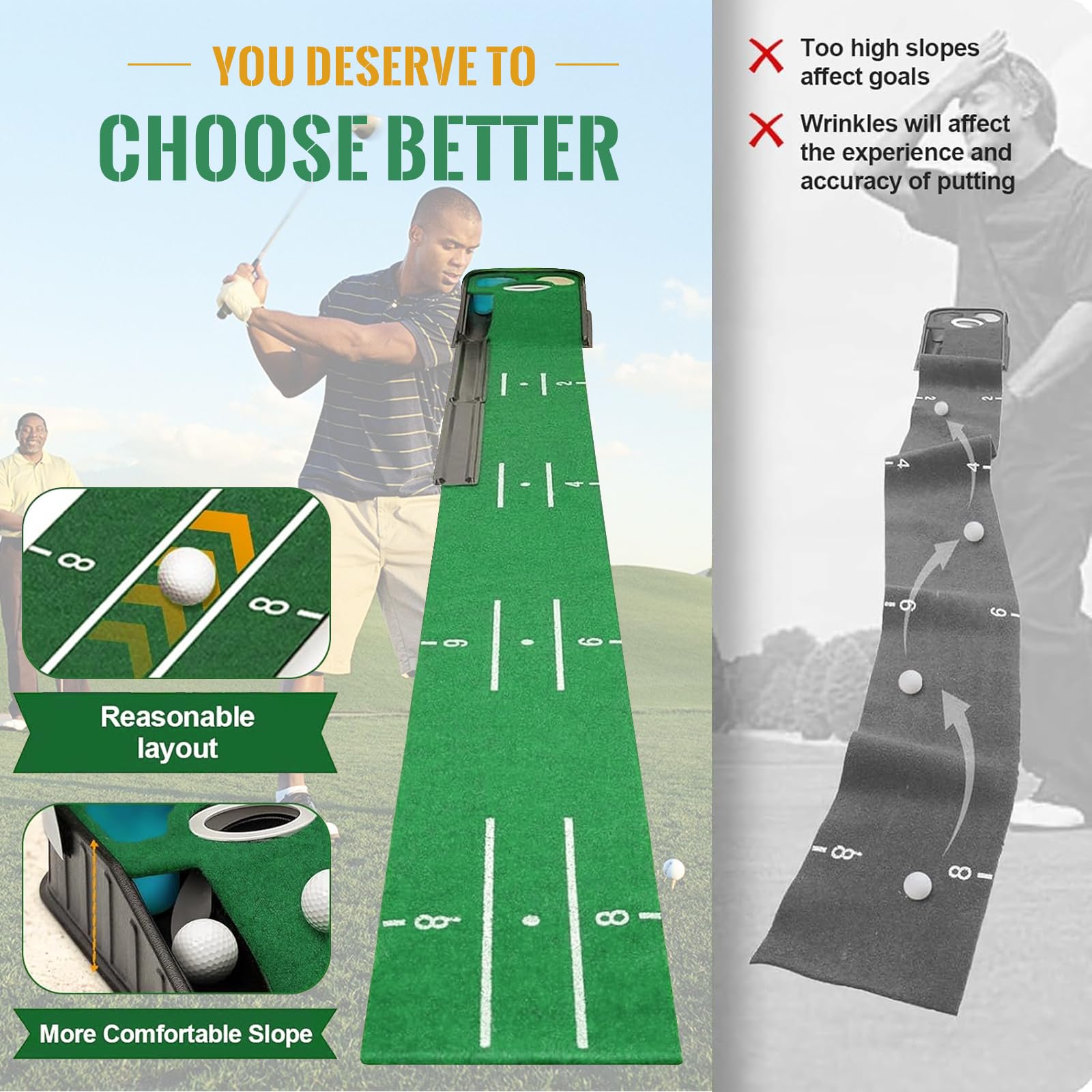 Juego de tapete de golf para interiores verde con bola automática y 3 agujeros ayuda de entrenamiento práctica