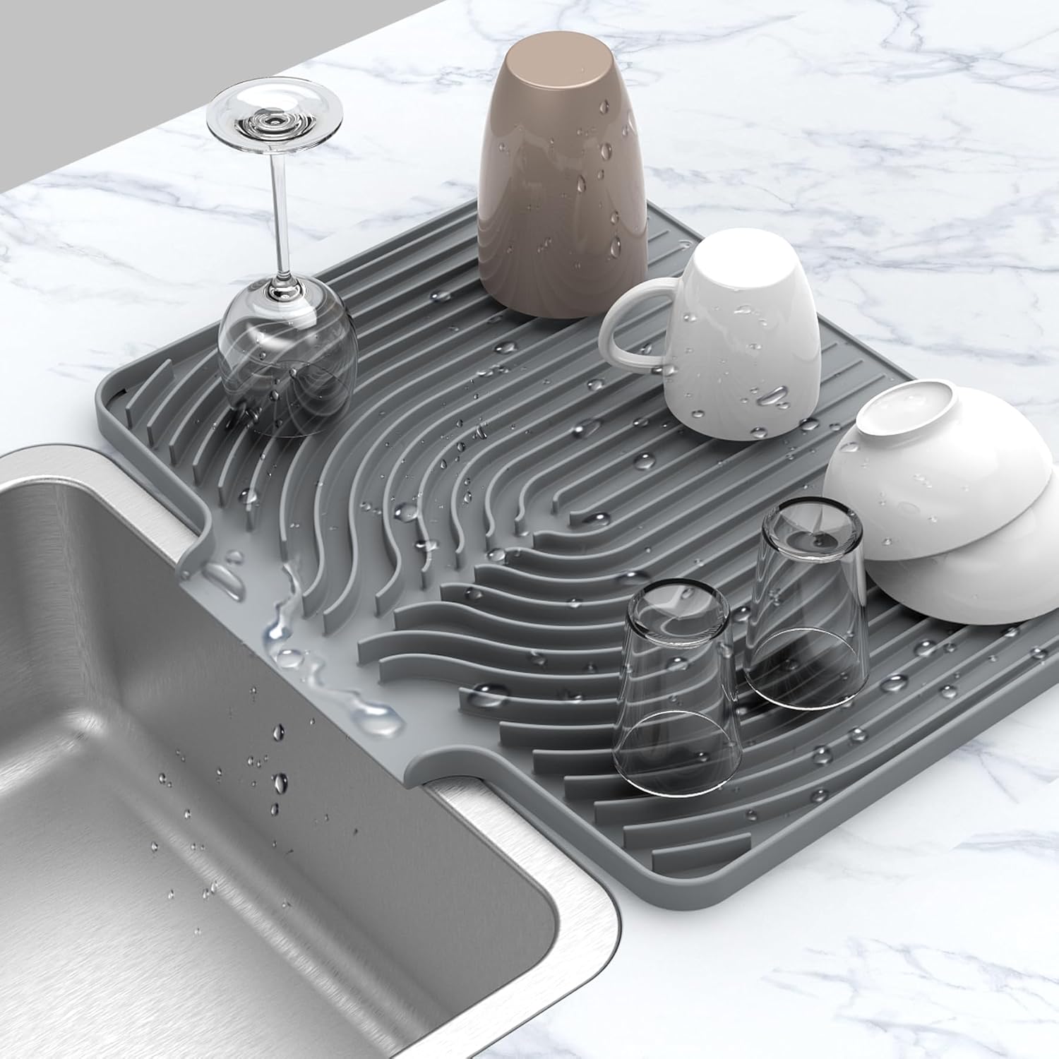 Silicone Drying Mat for Kitchen Counter , Dish Drying Rack Matt with Built in Drain, Small Dry Mats for Dishes Drying Pad for Kitchen Counter (20×15.7inch Extra Large, gray)