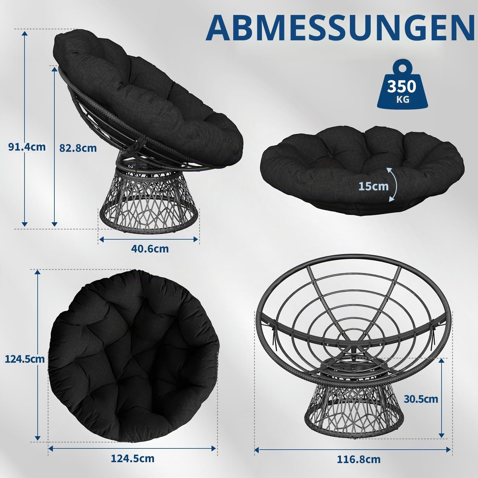 360° Swivel Schaukelstuhl Max.160Kg Schaukelsessel | 125x90x40cm | 15cm dickes Kissen | Stabiler Stahlrahmen