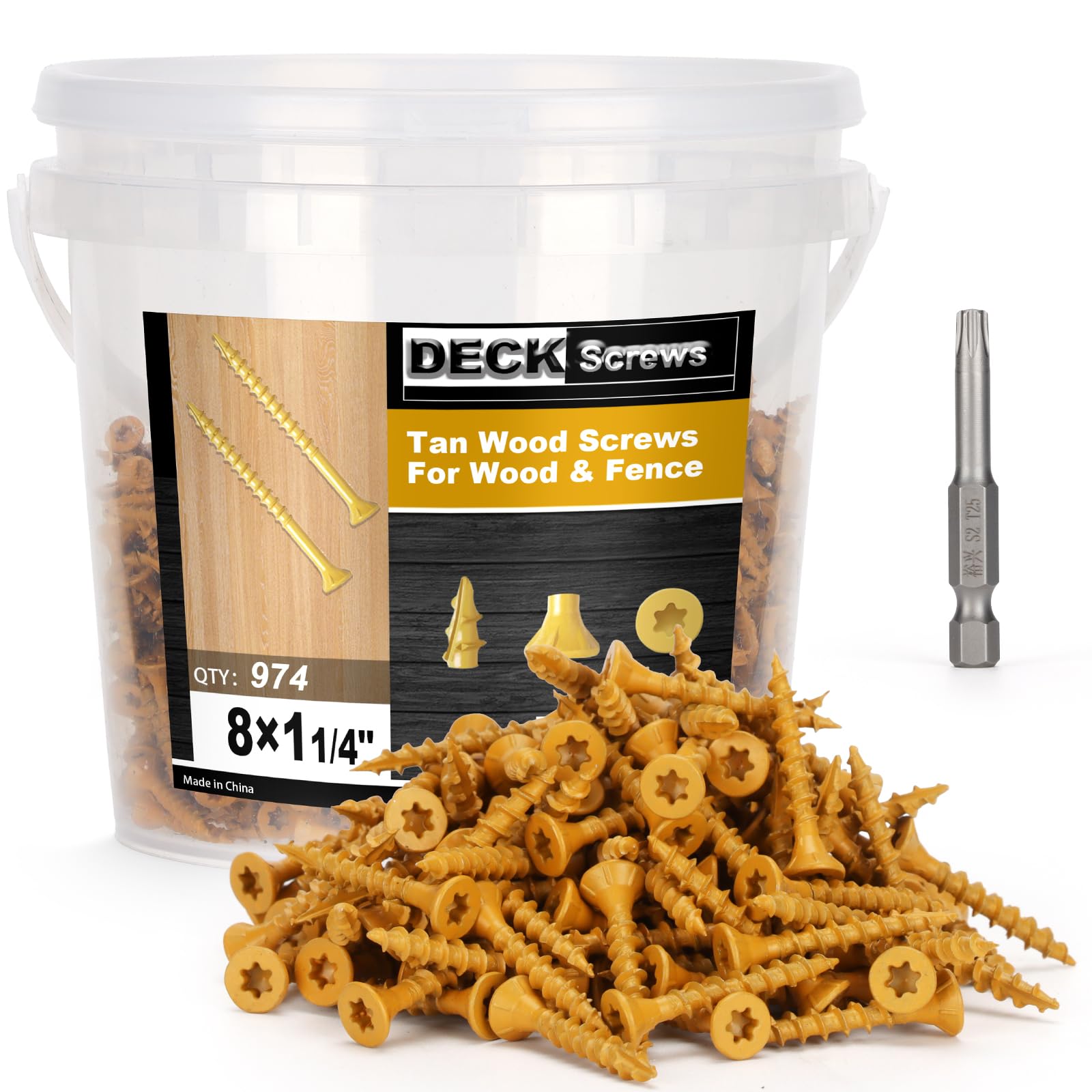 Deck Screws #8 x 1-1/4’’, T25 Star Torx Drive Flat Head Wood Screws, Tan, 5lb