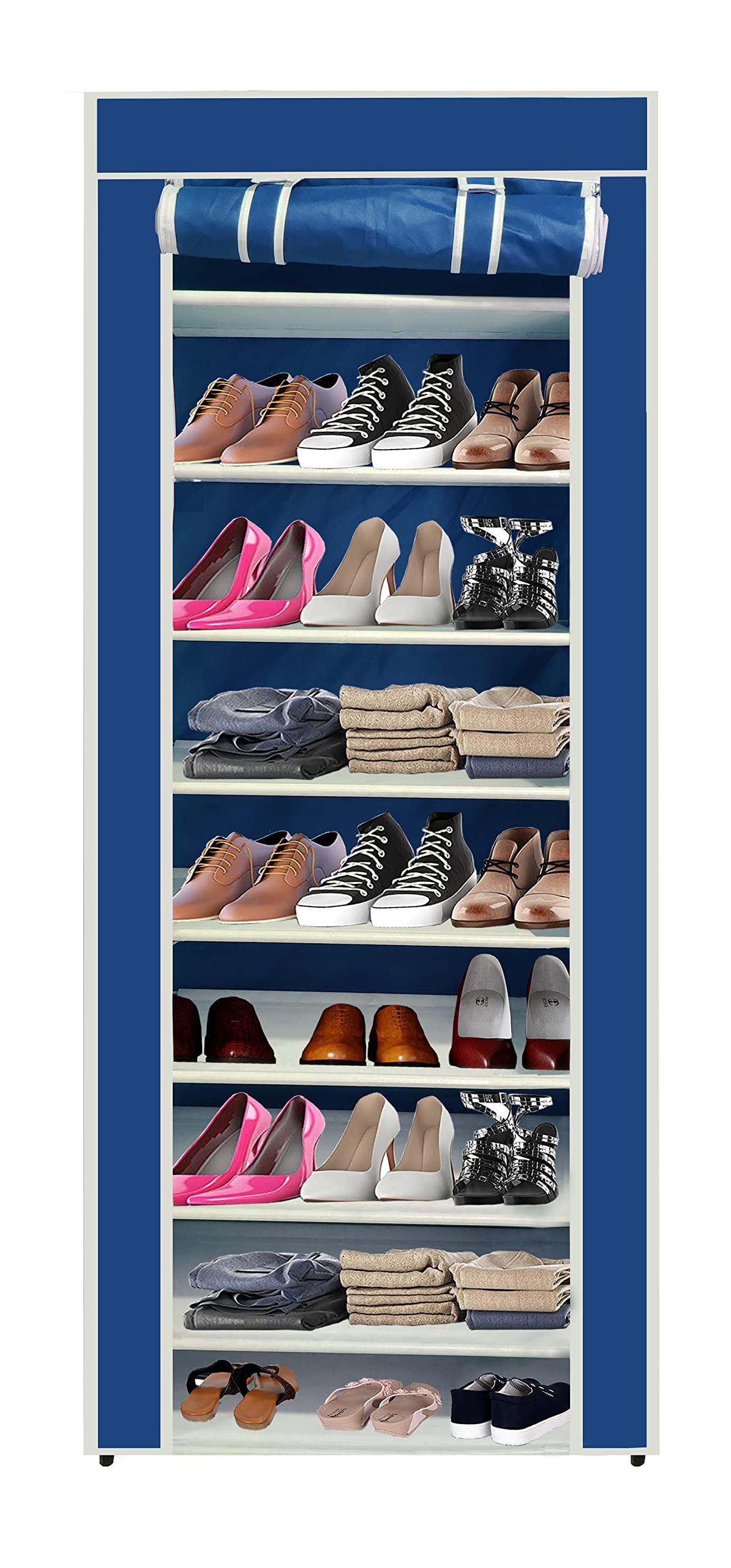 Maison & Cuisine® Multipurpose Portable Shoe Cabinet Rack with Wardrobe Cover Lite Weight Foldable Shelves Storage Organizer for Home (9 Layer, Blue) Storage Unit