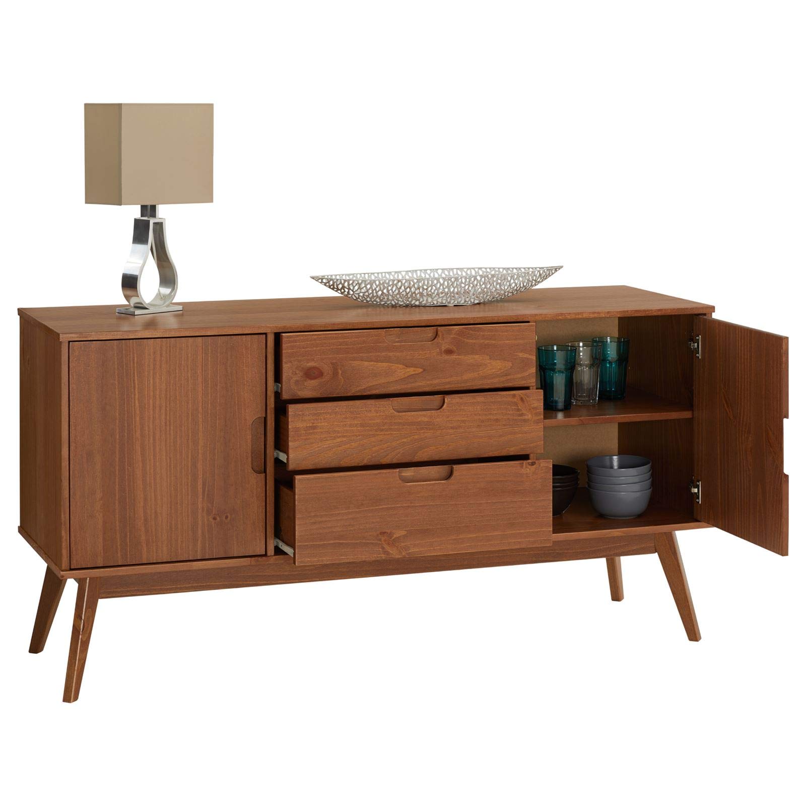IDIMEX Sideboard Tivoli skandinavischen Design Kastanien dunkel braun lackiert - Kommode aus Massivholz, mit 2 Türen und 3 Schubladen, Buffetschrank Geschirrschrank