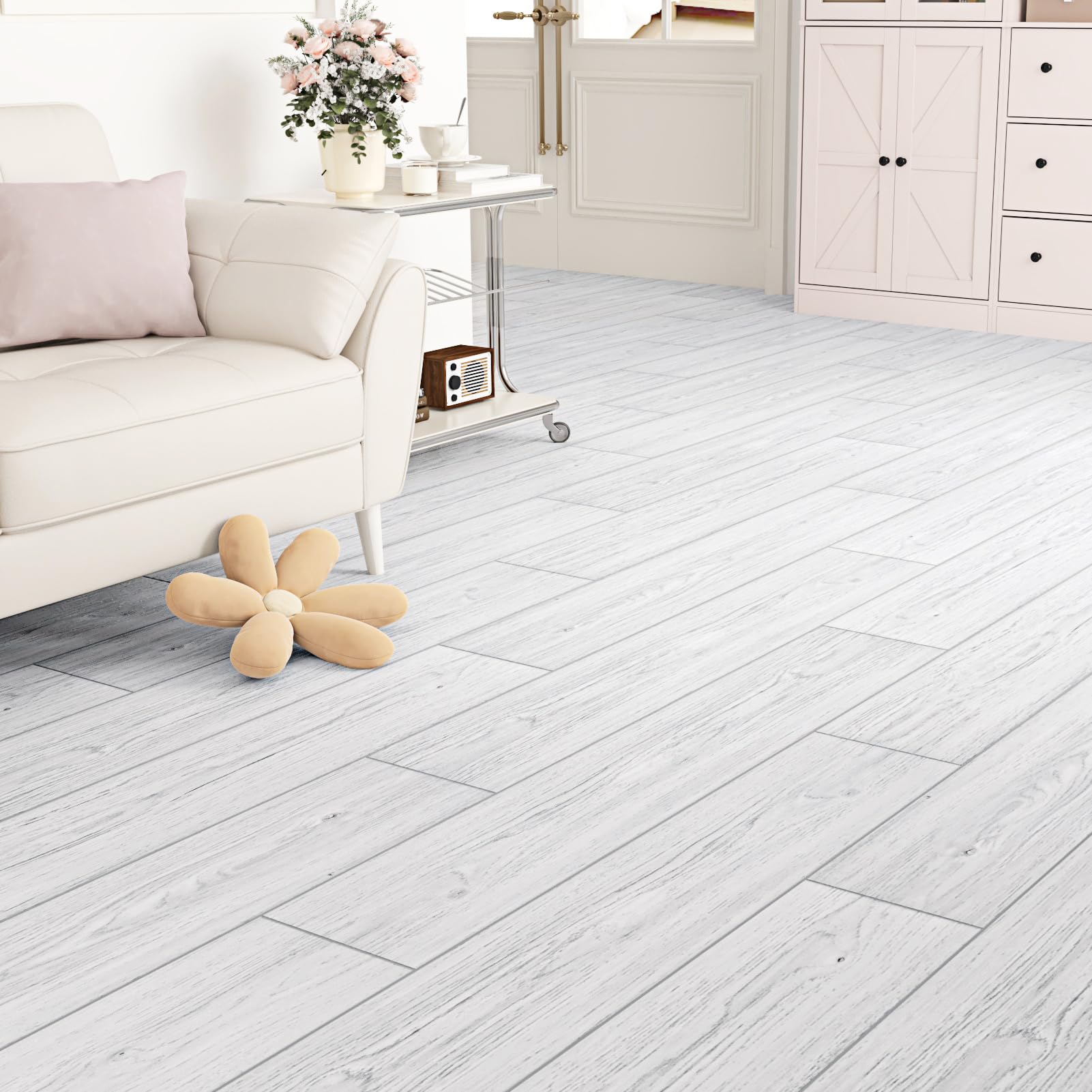 24 Pezzi Pavimento PVC Adesivo Effetto Legno Piastrelle Adesive Cucina Lavabili Grigio Bianco Parquet Linoleum 90cm x 15cm