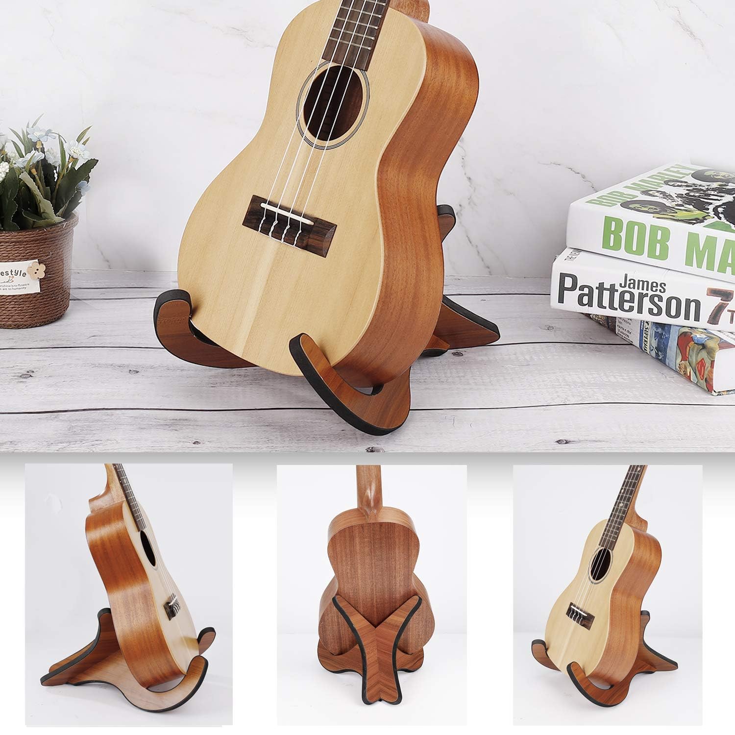 Eidoct Ukulele Stand, Wooden Folding Portable X-Frame Stand with Sponge Edge, for Ukulele Mandolin, Banjo, Violin (Dark Brown) - Image 4