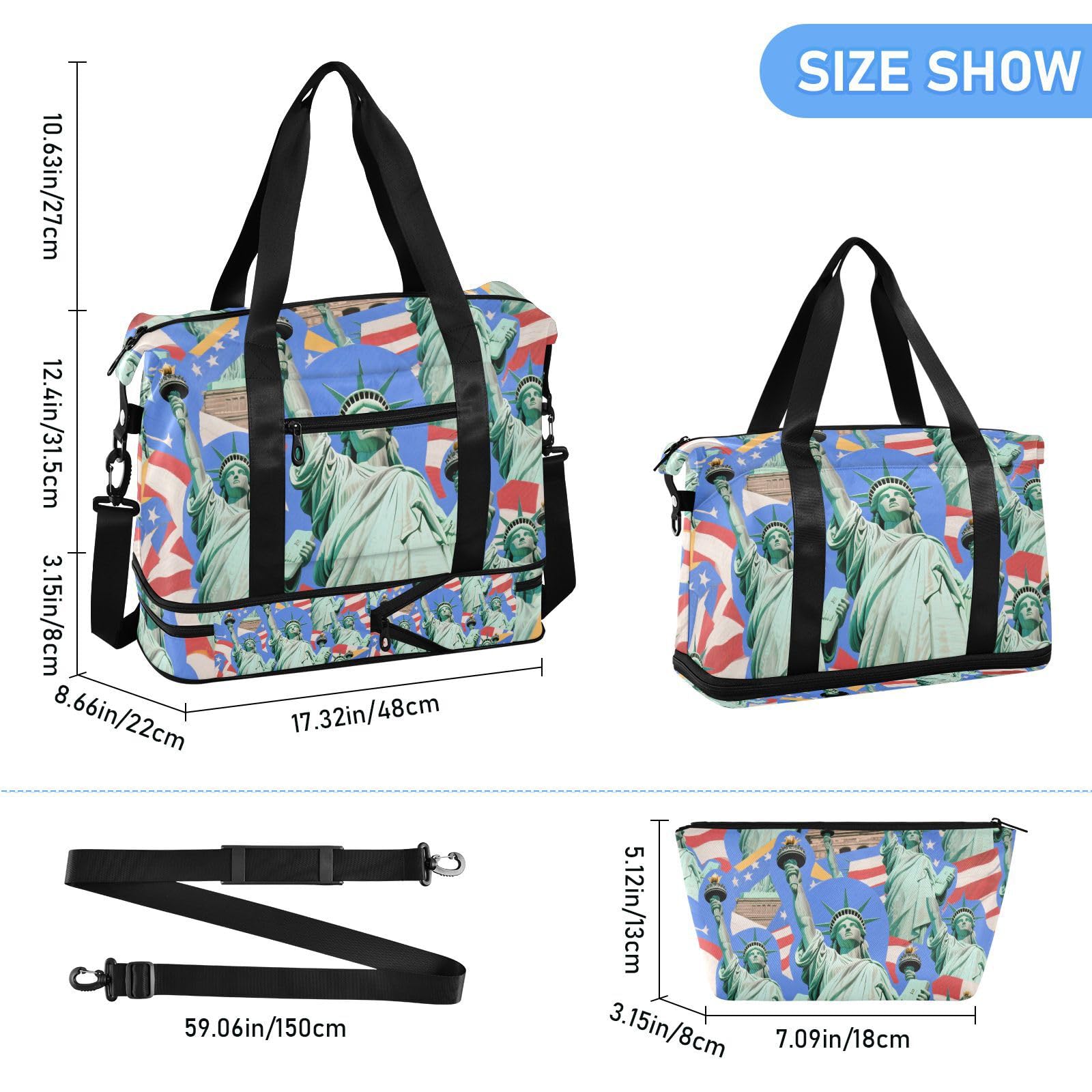 Borsa da viaggio blu alla moda con statua della libertà, con tasca bagnata, cinturino regolabile, borsone sportivo da palestra, per allenamento, pieghevole, per uomini e donne
