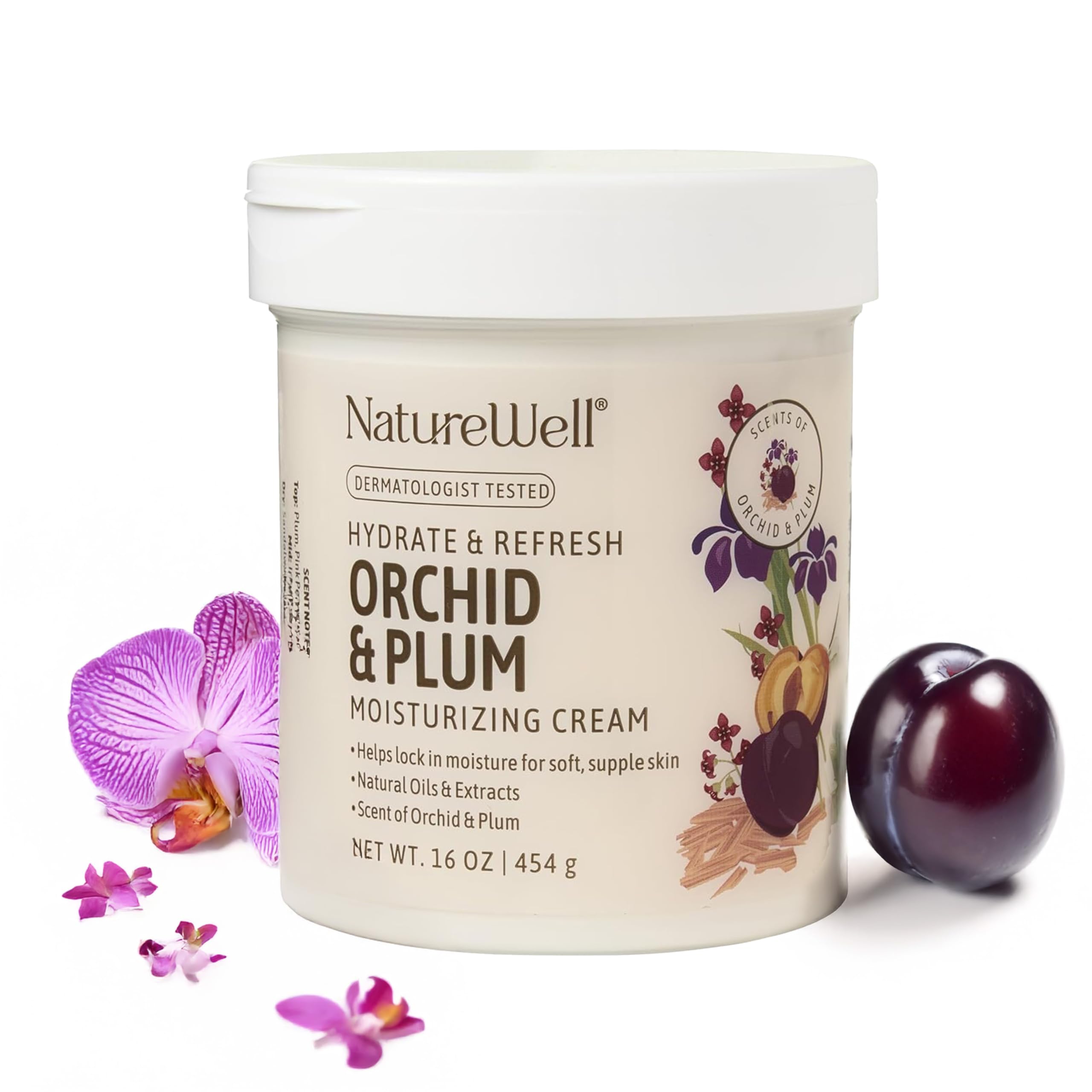 NATURE WELL Orchid & Plum Body Cream, Moisturizing Cream for Dry & Sensitive Skin, Hydrating Body Moisturizer with Natural Oils & Extracts, Orchid & Plum Fragrance, Dermatologist Tested, 16 Oz