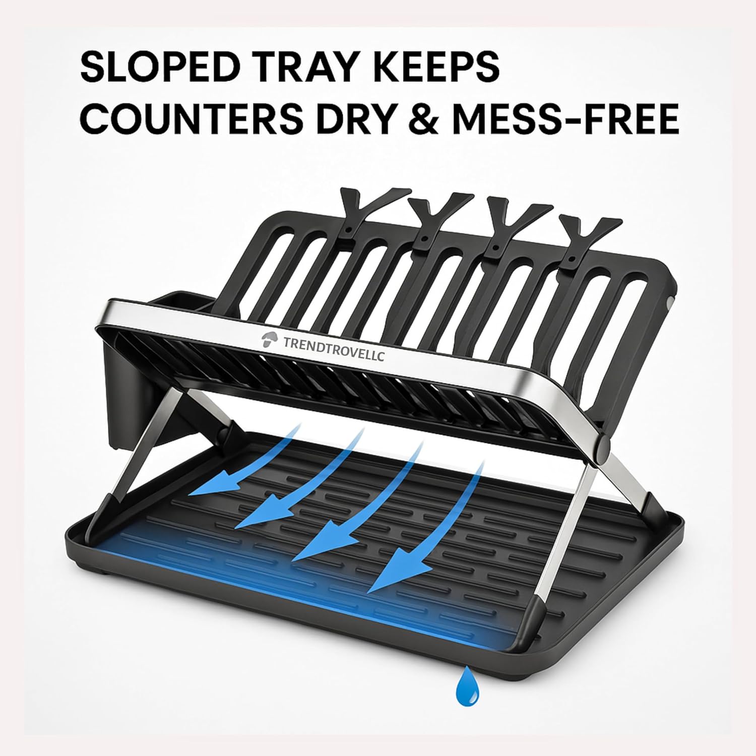 TrendTrove Foldable Dish Drying Rack – Stainless Steel Dish Rack for Kitchen Counter & Over Sink – Compact, Space-Saving Dish Drainer with Drip Tray, Utensil Holder & Plate Dividers (Black/Silver)
