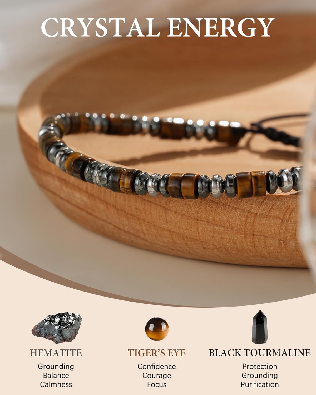 Triple Protection Bracelet with Natural Hematite Tiger Eye Black Tourmaline, Adjustable Healing Crystal Bracelet for Strength Balance Energy, Meaningful Gift with Quote Card - Image 4