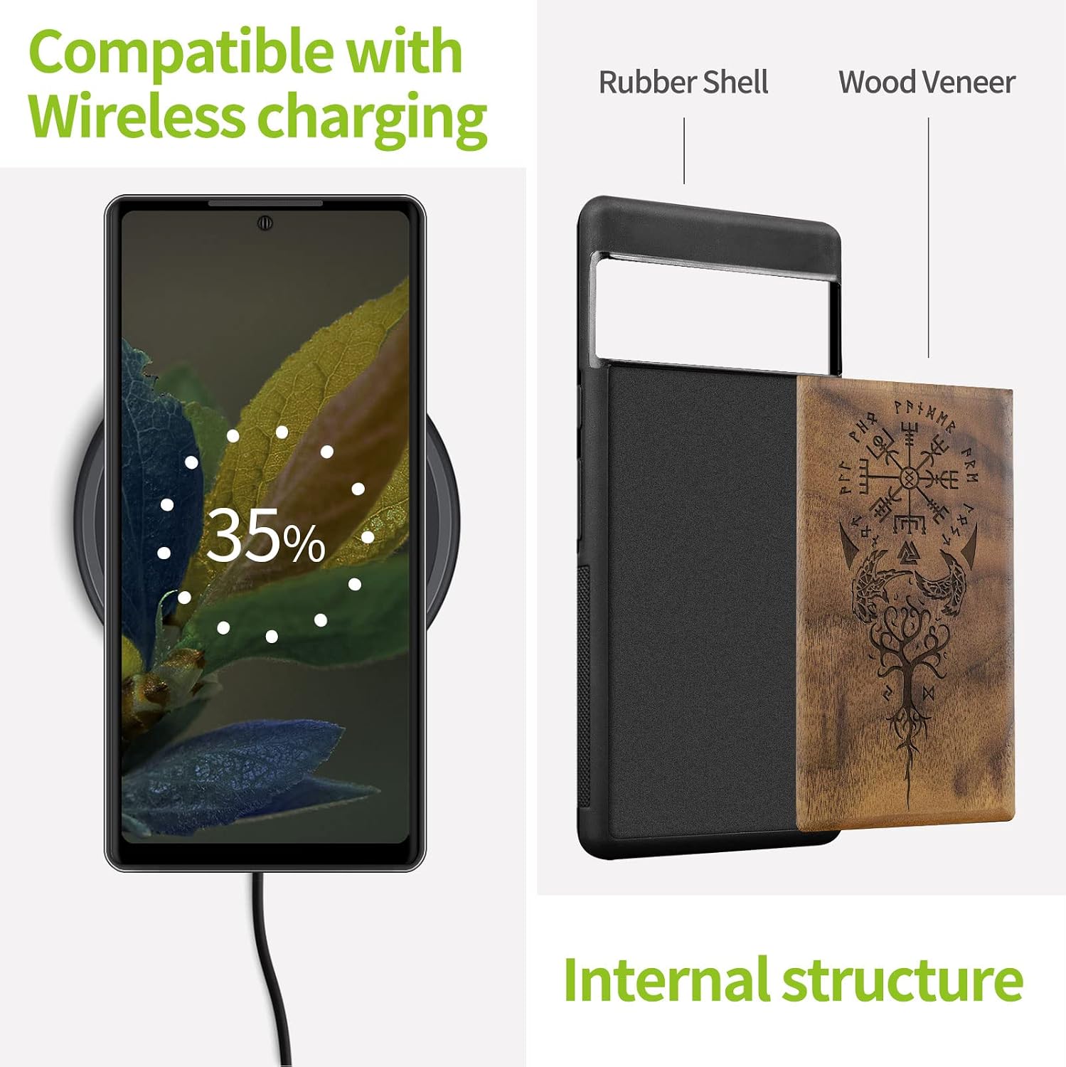 Carveit Wood Case for Pixel 7 - Natural Walnut & Black TPU, Shockproof & Protective, QI Wireless Charger Compatible, Viking Vegvisir Pattern