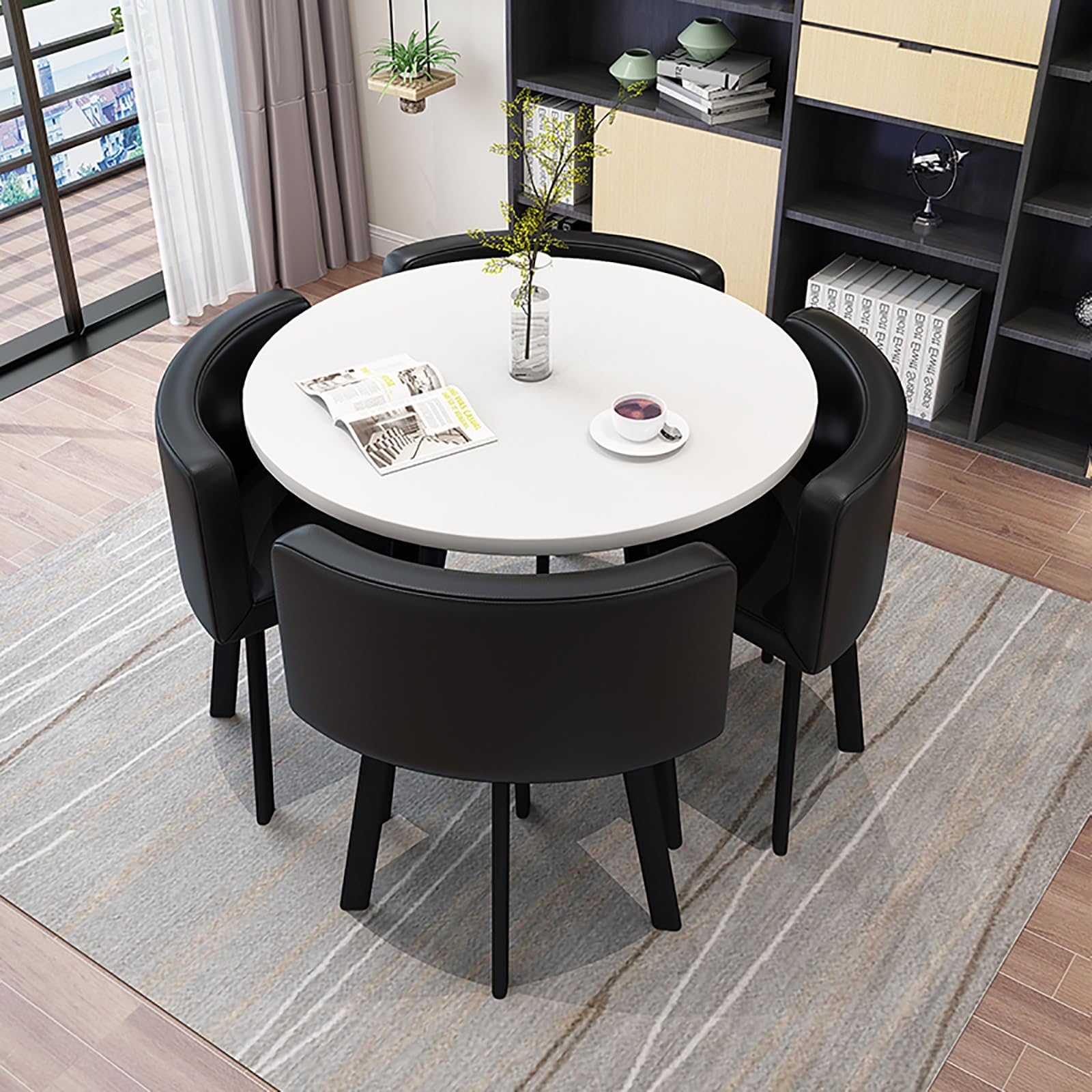 Round Dining Table Set for 4 Marble Table with Chairs Office Reception Desk and Chair Set Suitable for Lounge Living Room Office Space Modern and Elegant Design,Carbon Black-Round-Leather