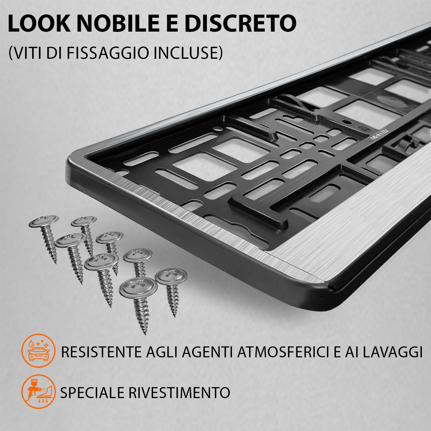 L&P Portatarga Auto - 2 pezzi - [semplice, durevole e sicuro] - 8 viti - 520x110 mm Alluminio spazzolato - Porta Targa - adatto a qualsiasi auto - per targhe italiane omologate - Fissaggio Targa