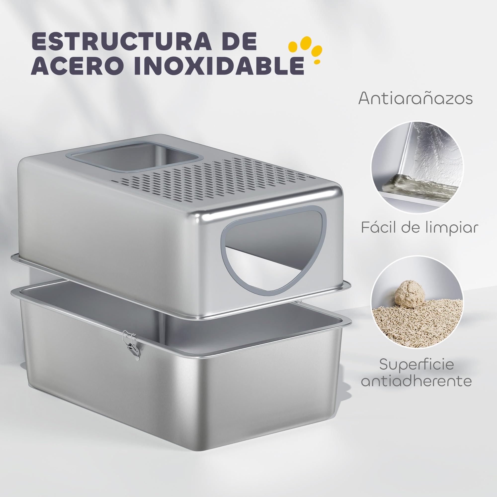 PawHut Arenero para Gatos de Acero Inoxidable XL Arenero con Pala Plata | Caja de Arena para Gatos, Aberturas Dobles, Fácil de Limpiar