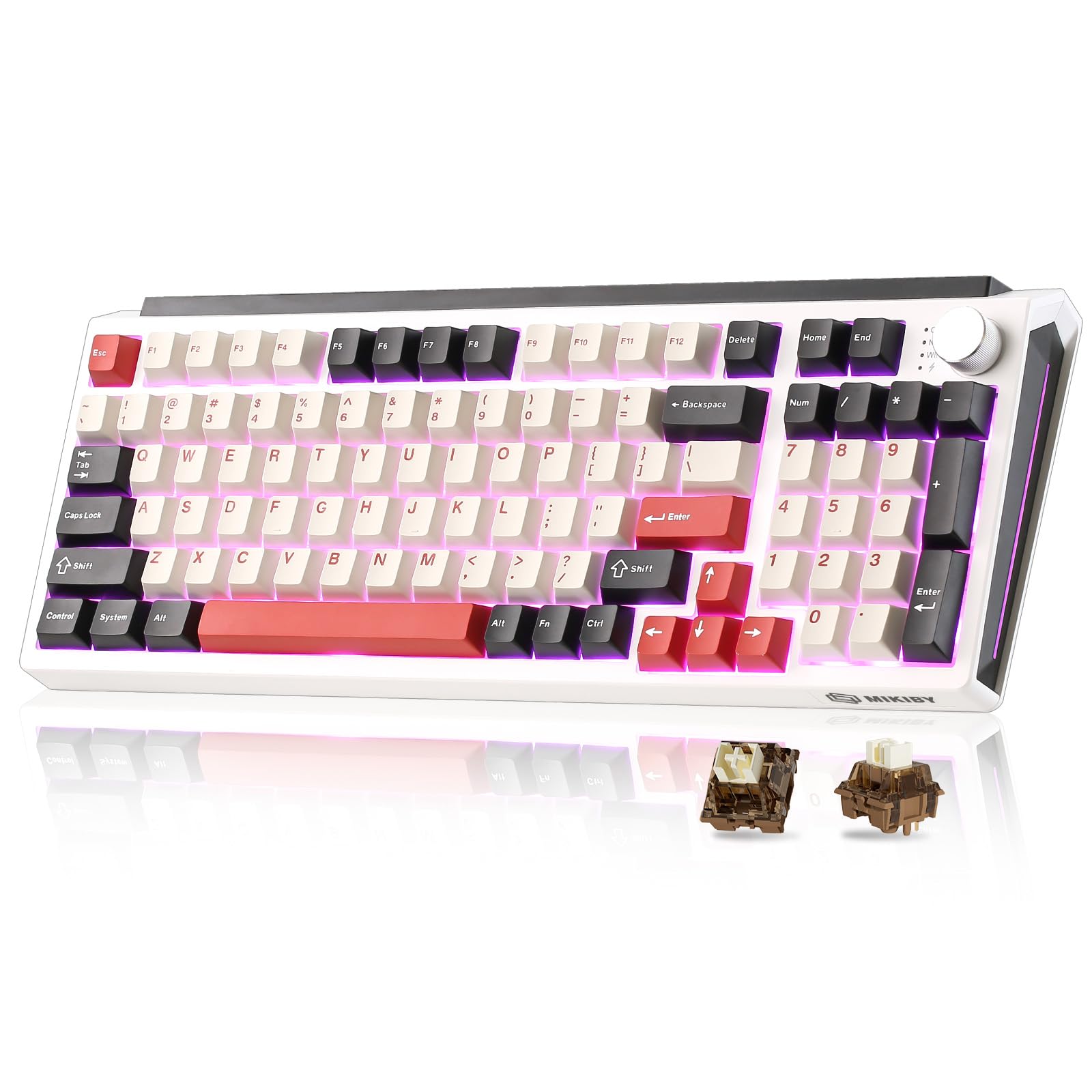 MIKIBY K98 Wireless Mechanical Keyboard,Tri-Mode BT5.0/2.4GHz/USB-C Hot Swappable Custom Keyboard,Gasket Structure,RGB Backlit Gaming Keyboard for Win & Mac(White&Red,Cocoa-V2 Switch)