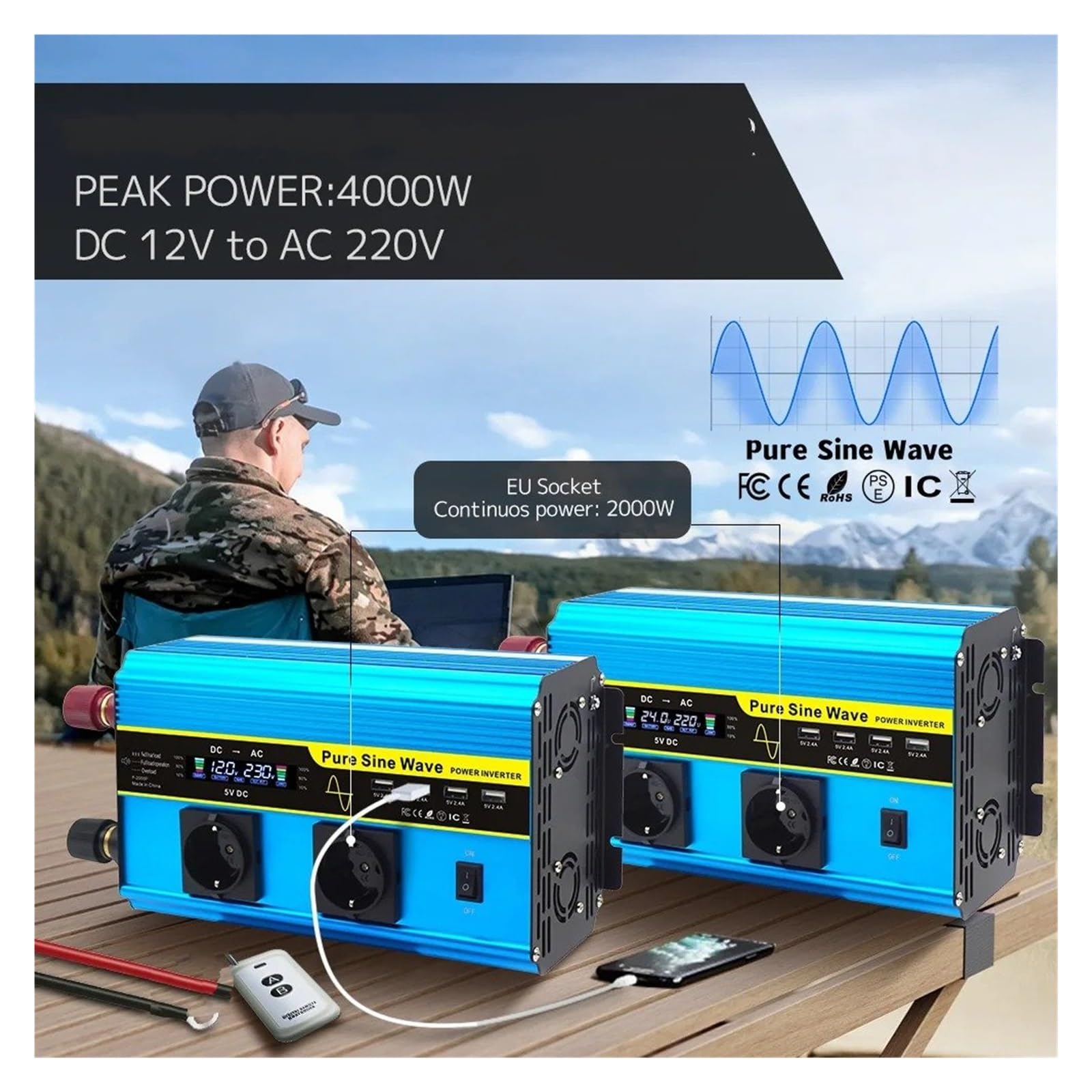 Convertidor Inversor Transformador Inversor Onda Sinusoidal Pura 8000W CC 12V/24V A CA 220V/230V Control Remoto Pantalla LCD Convertidor para Autocaravana Batería Solar(AC24V,50Hz Uni,6000W Peak)