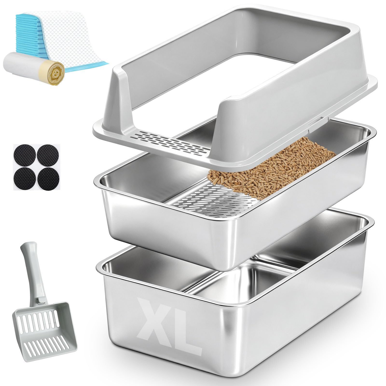 FUTAM XL Stainless Steel Litter Box with Lid, 24"x16"x12" Extra Large Metal Litter Box with Scooper, Anti-Urine Leakage Cat Litterbox with High Sides, Never Absorbs Odors, Non-Stick — image 1