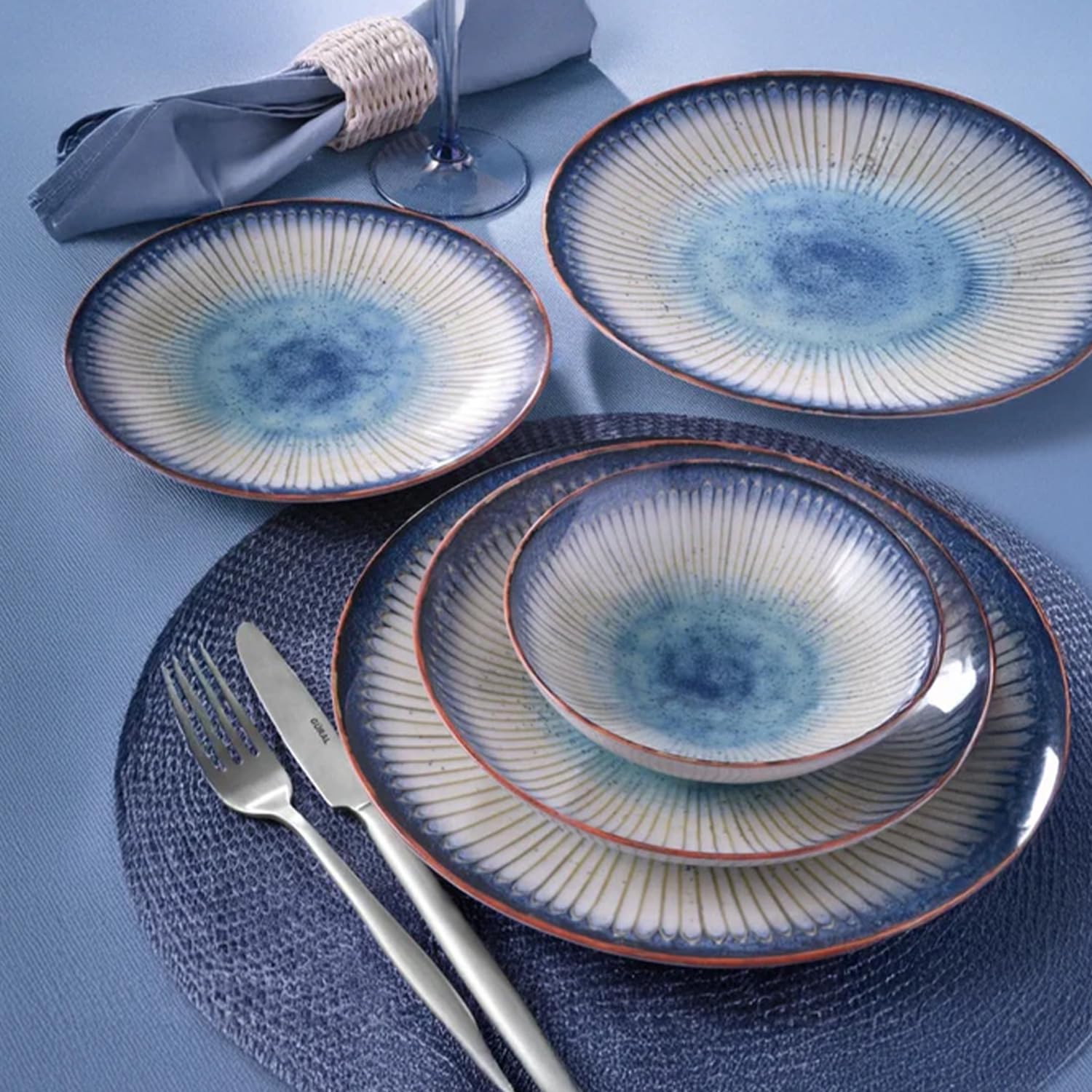 NORDIC SCHILLER Porzellan Tafelservice, 6 Personen, 18-tlg., Sare Atina Series, Buntes Design Geschirr Set, Teller Set, Suppenschalen, Dessertteller, Tiefe Teller, Speiseteller, Geschirrsets