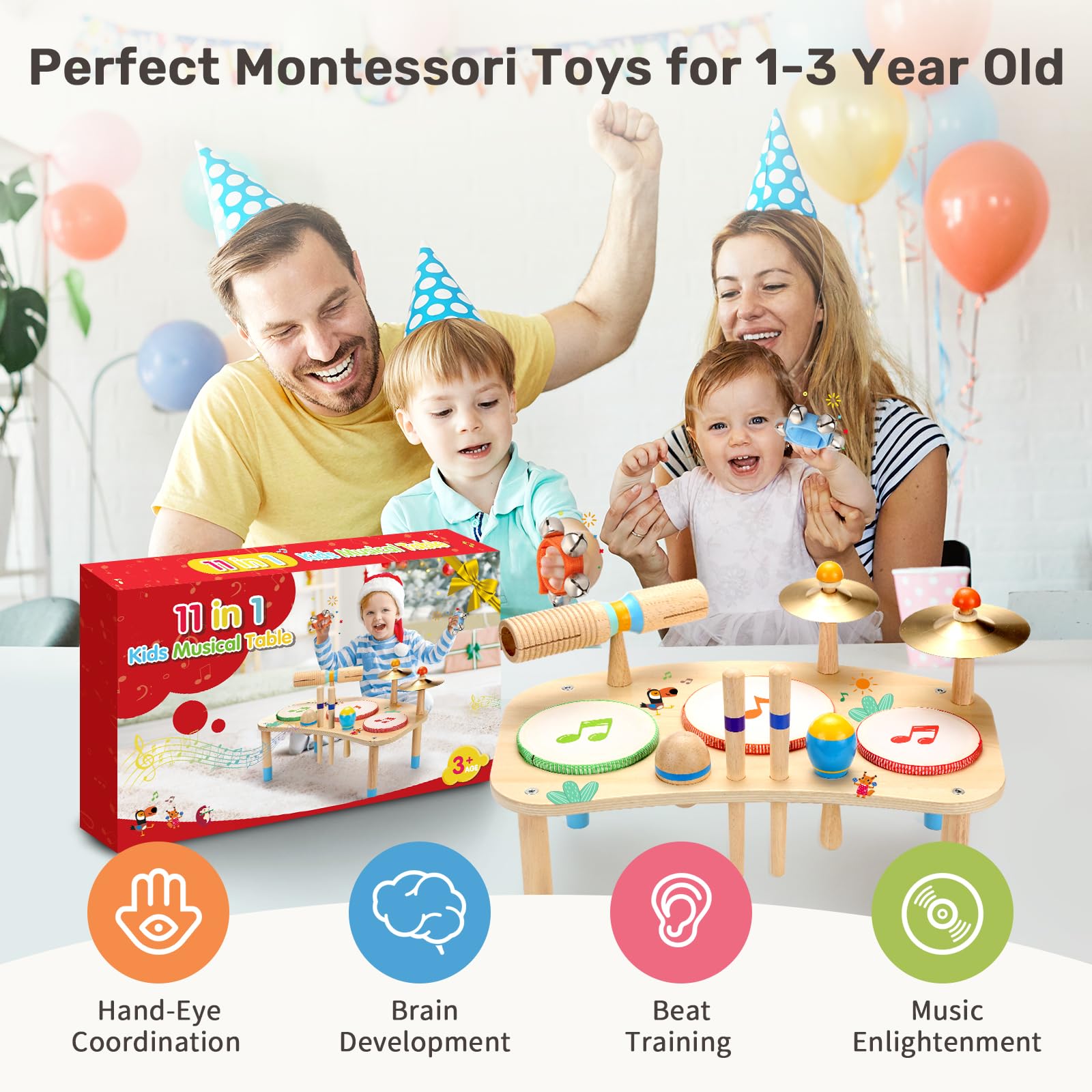 WINGYZ 11 in 1-Schlagzeug für Kinder ab 1 Jahr Musikinstrumenten-Set aus Holz, Baby-Schlagzeug mit Handgelenksglocken für Kleinkinder Geschenke zum 1. Geburtstag für Jungen und Mädchen Musikspielzeug