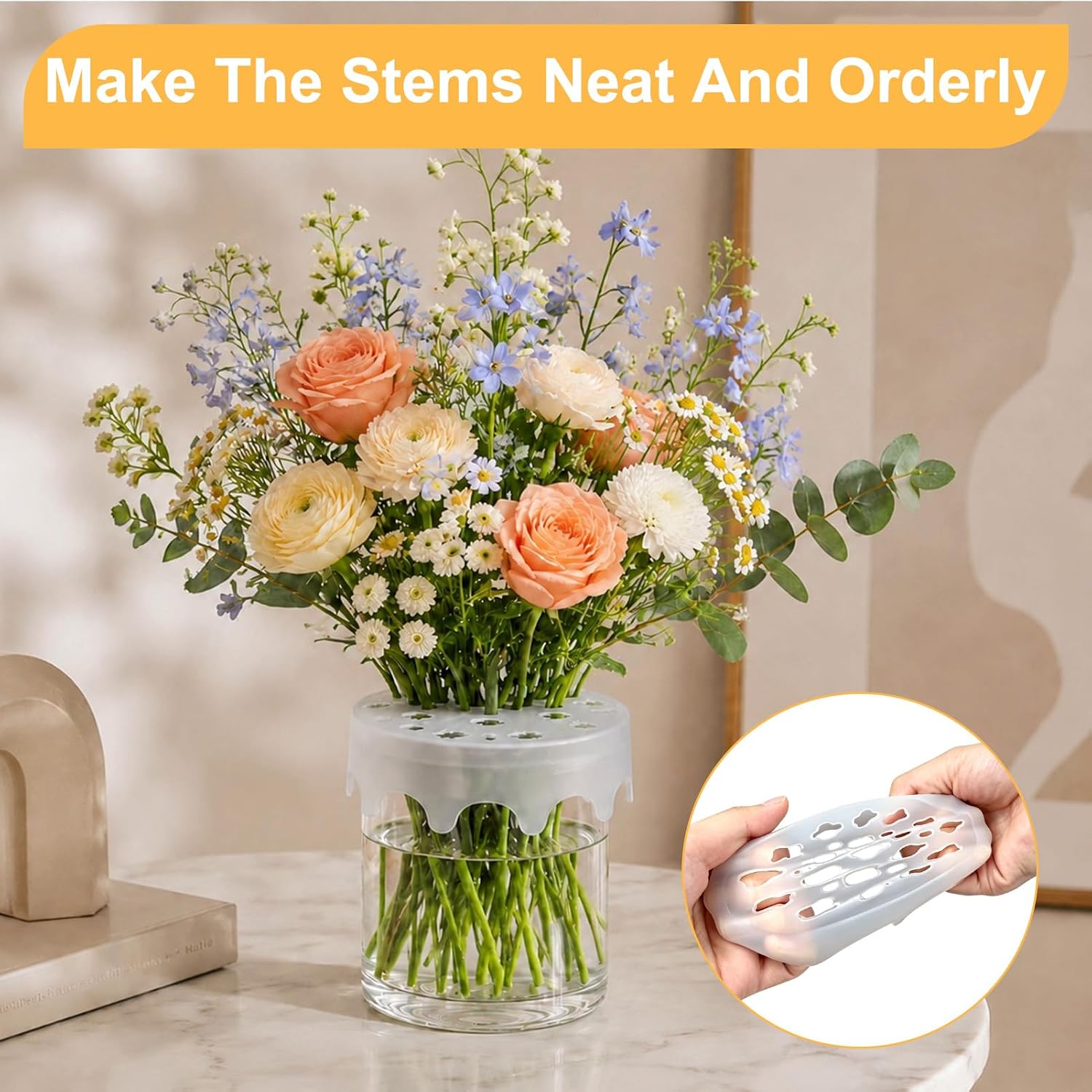 Ryetvok Silicone Flower Arranging Grid 2 Pack, Reusable Floral Stem Holder for Round Square Vases, Flexible Blossom Grid for Easy DIY Arrangements Home Wedding Decor, 3.5x1.65 Inch