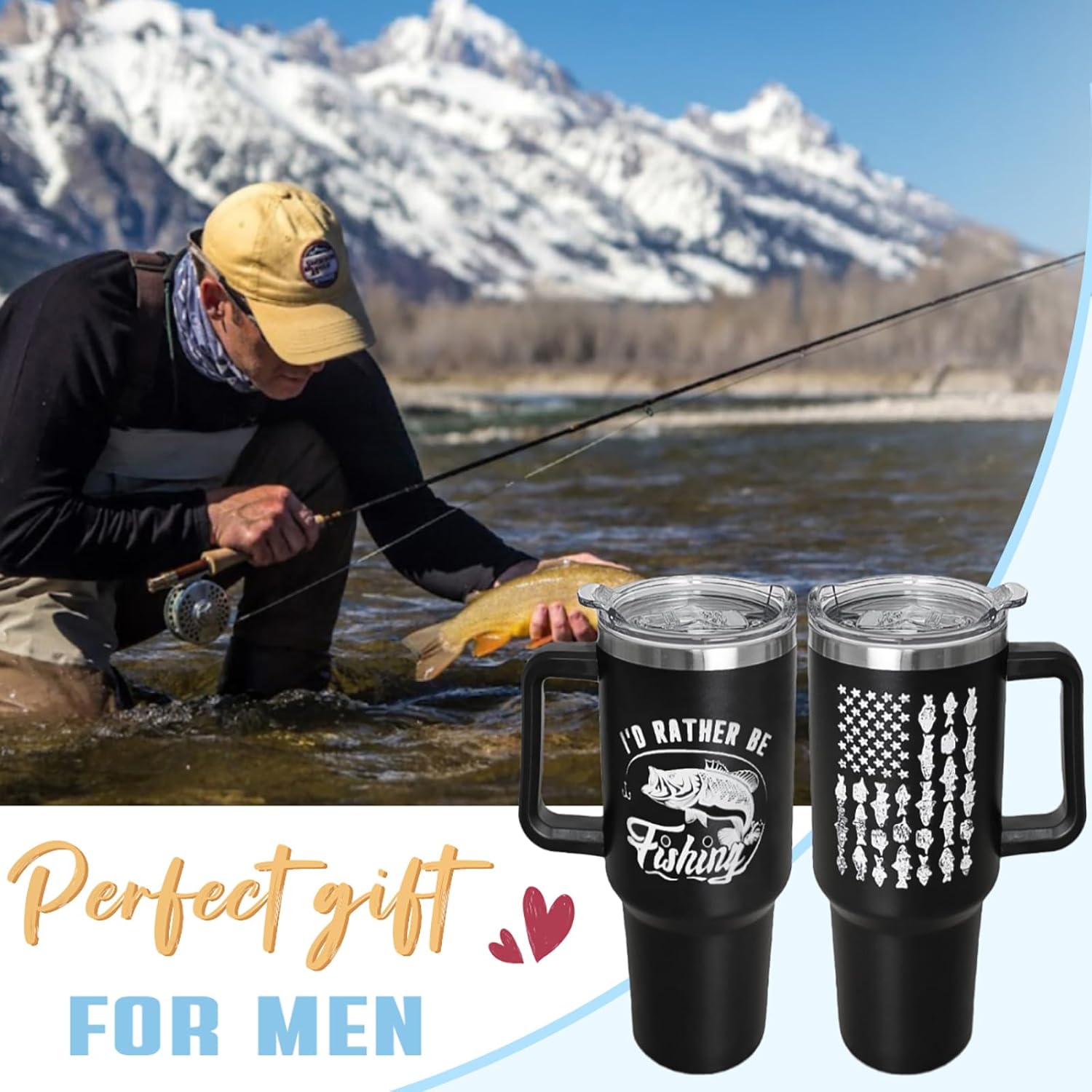 Fishing Tumbler with Handle and Straw Fish Cup Coffee Travel Mug Fishing Gifts for Dad Papa Husband Fisherman Fathers Day-40 oz Id Rather Be Fishings - Image 2