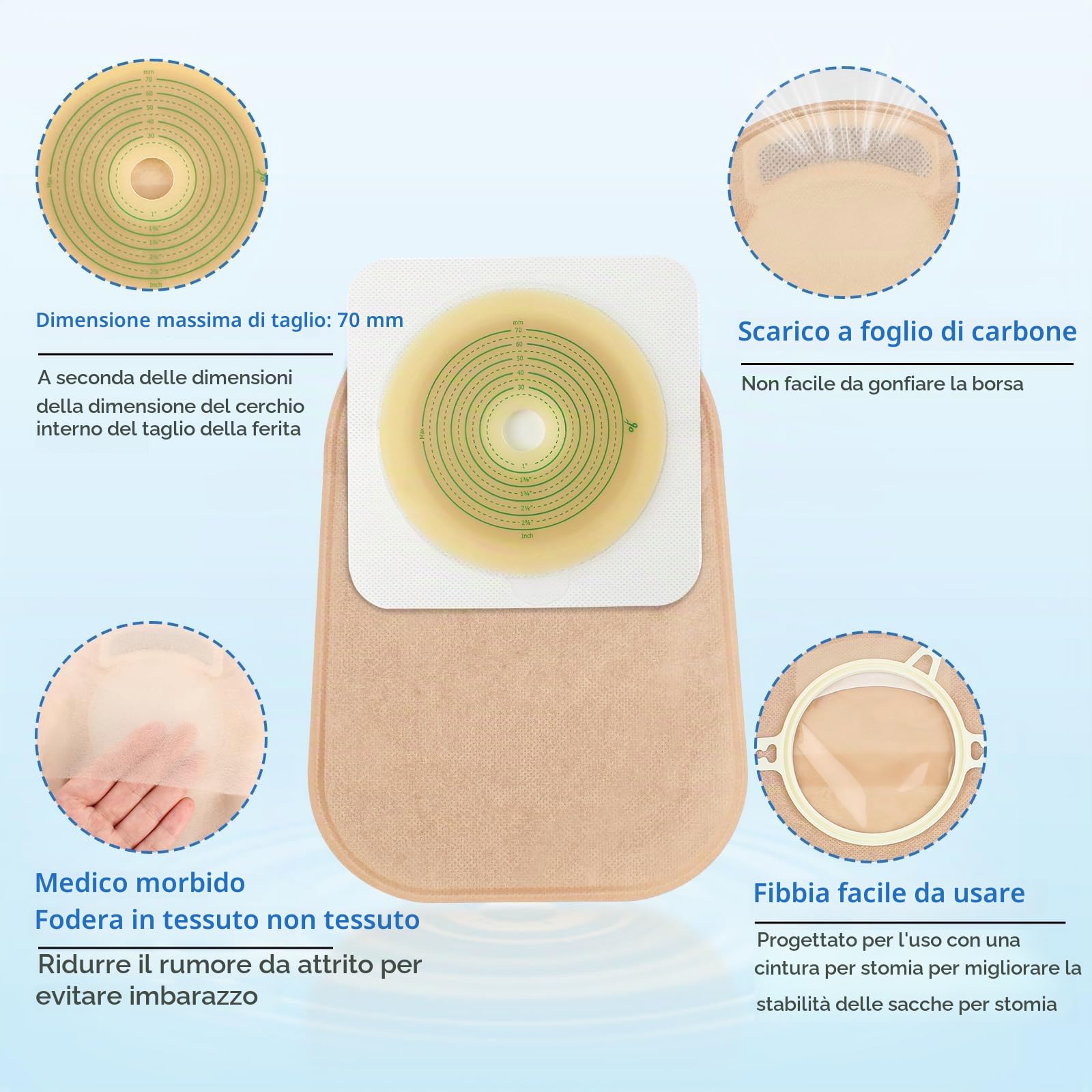 60 Pezzi Sacchetti Colostomia a 2 Pezzi, Estremità Chiusa, 70 Mm | 40 Sacchetti + 20 Barriere, Ritagliabili, Sistema Usa e Getta per Stomia Ileostomica, Ideale per Viaggi e Cura Stoma