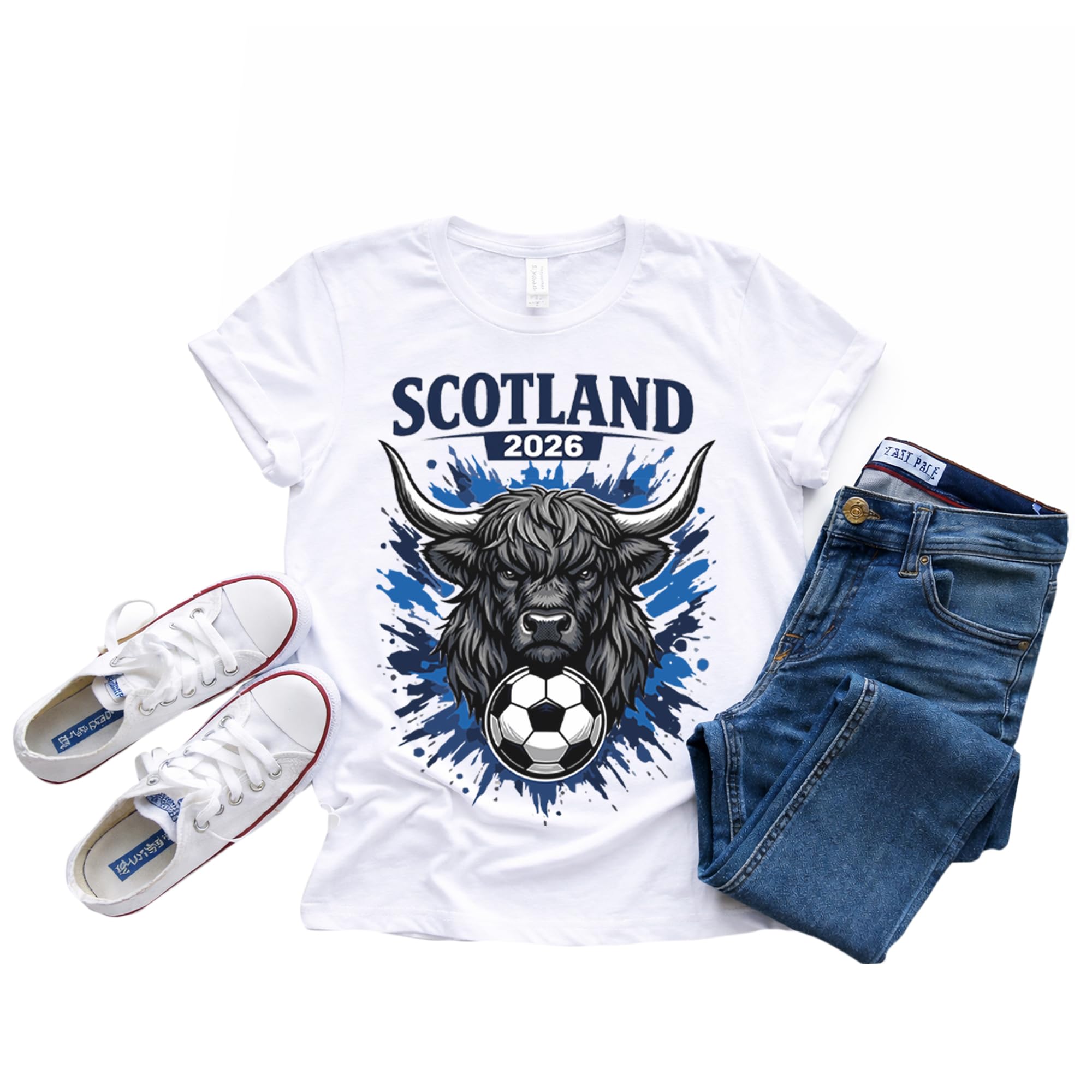 ChrisTeePrint UK Highland Cow Football Fan T-Shirt – World Cup 2026 Scottish Supporter Top for Men & Women S–XXL (UK, Alpha, M, Regular, Regular, White)