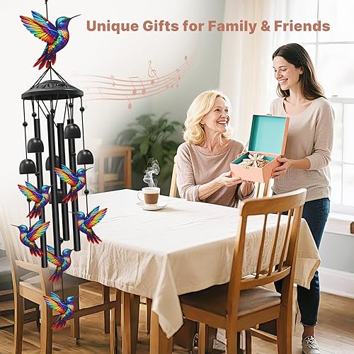 Miniatura 5 de Campanillas de viento de colibrí para exteriores, campanillas de viento de metal negro para exteriores, regalos de colibríes para mujereshombres,