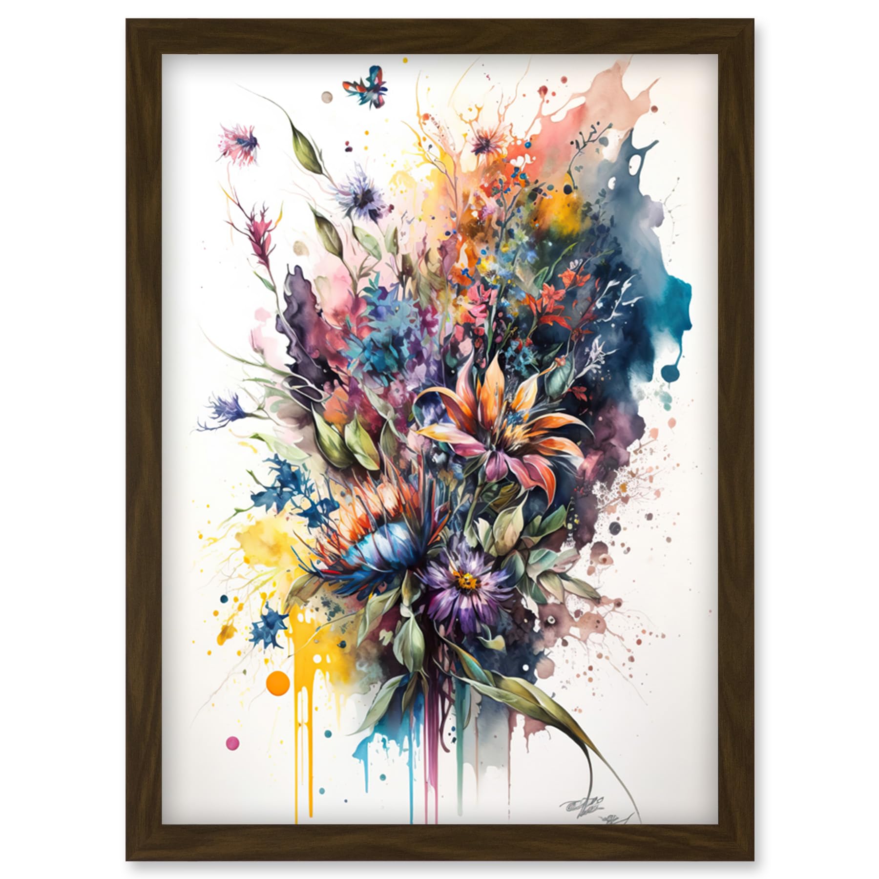 Artery8 Flower Bouquet Illustration over Watercolour Splat Artwork Framed Wall Art Print A4