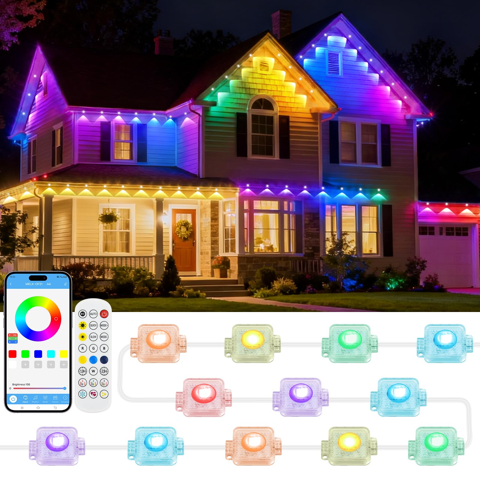 Guirlande Lumineuse Extérieure Permanente 15M 30 LED RGBIC Guirlande Lumineuse Exterieur Multimode, APP et Télécommande, IP65 Étanche pour gouttières, Plafonds et Balcon