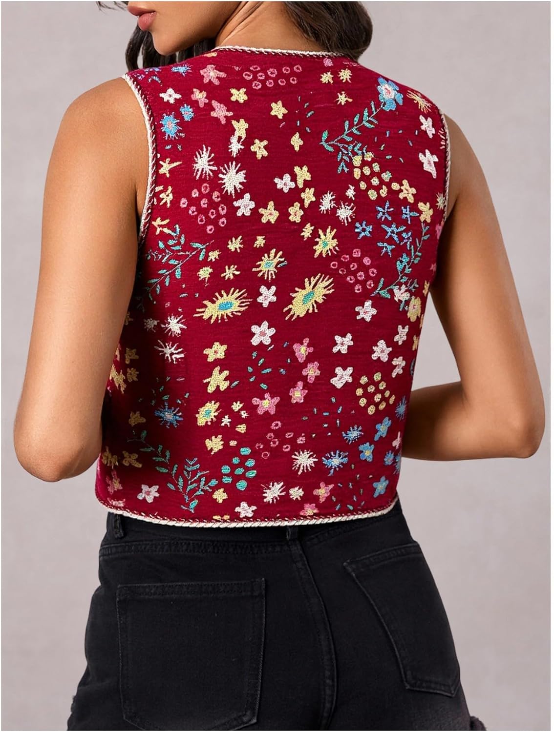 SweatyRocks Women's Floral Embroidered Tie Front Crop Vest Tops Boho Country Concert Cowgirl Western Outfits - Image 3