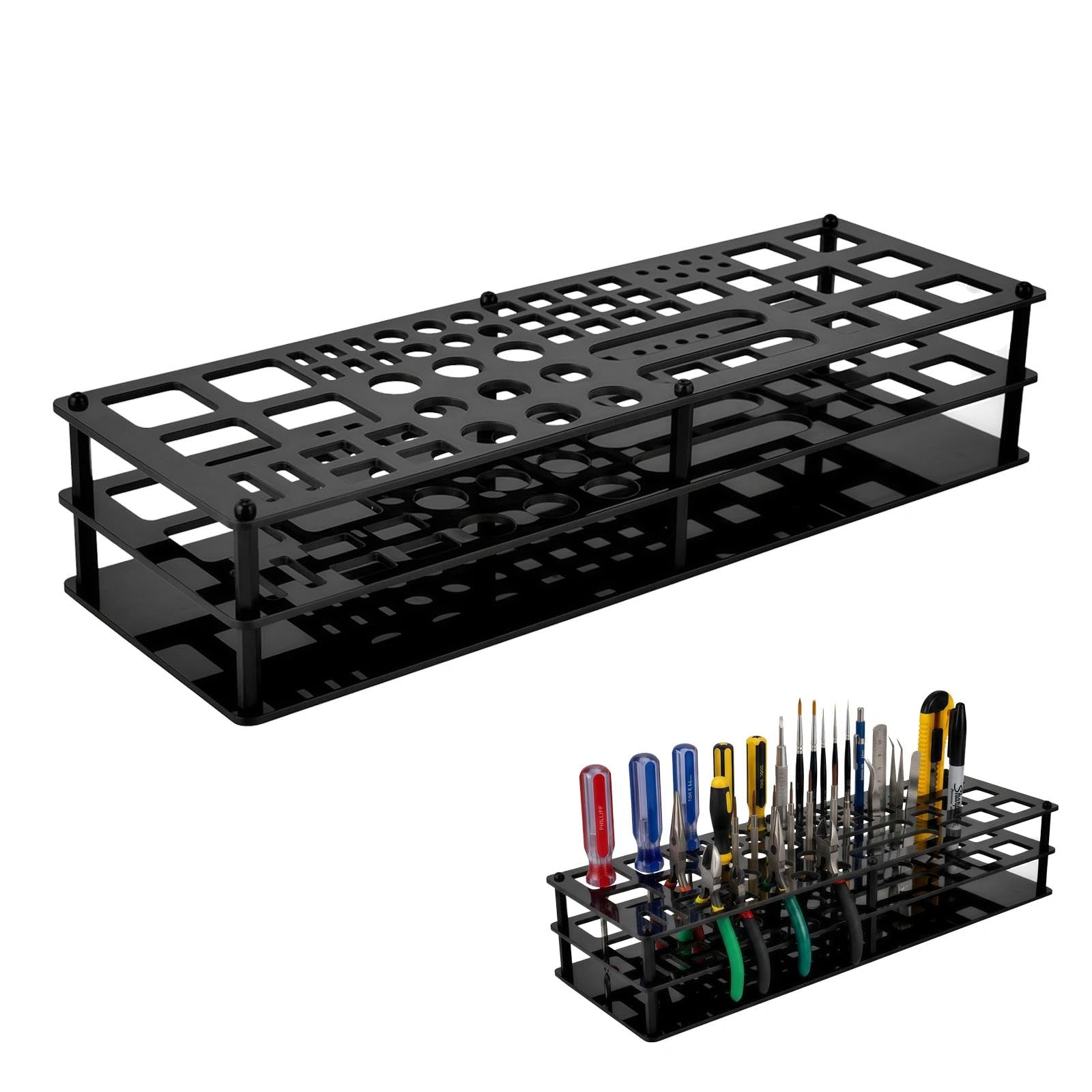 Joyabest Black 63 Holes Screwdriver Storage Rack, Organizers, Portable Tool Box, Workshop Tools Tray, Tweezer Brushes Pens