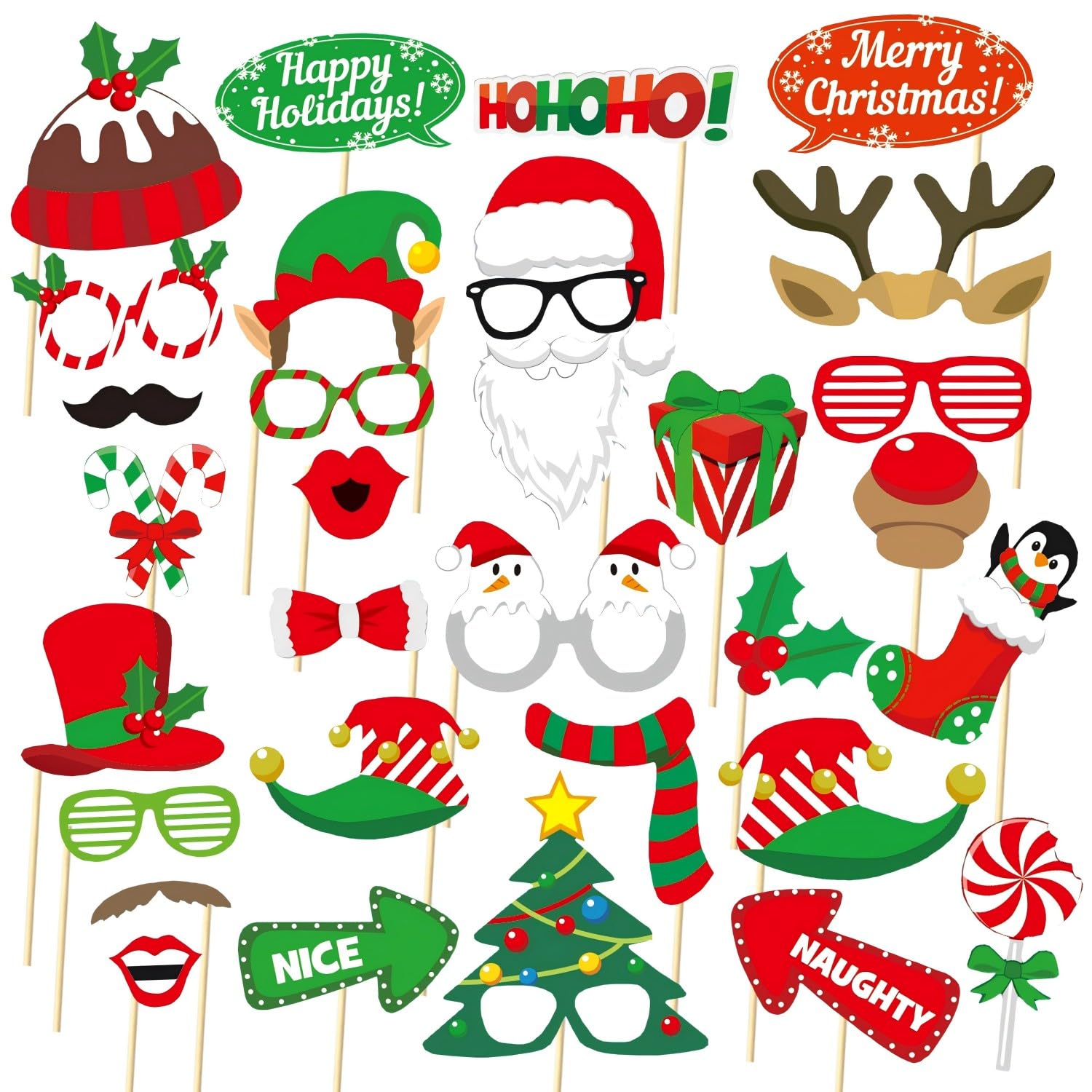 Tabanzhe Multicolor 32Pcs Christmas Photo Booth Props-Merry Christmas Party Decoration Set Xmas Selfie Props Santa Hat For Adults Kids New Year Supplies Eve Games Favors