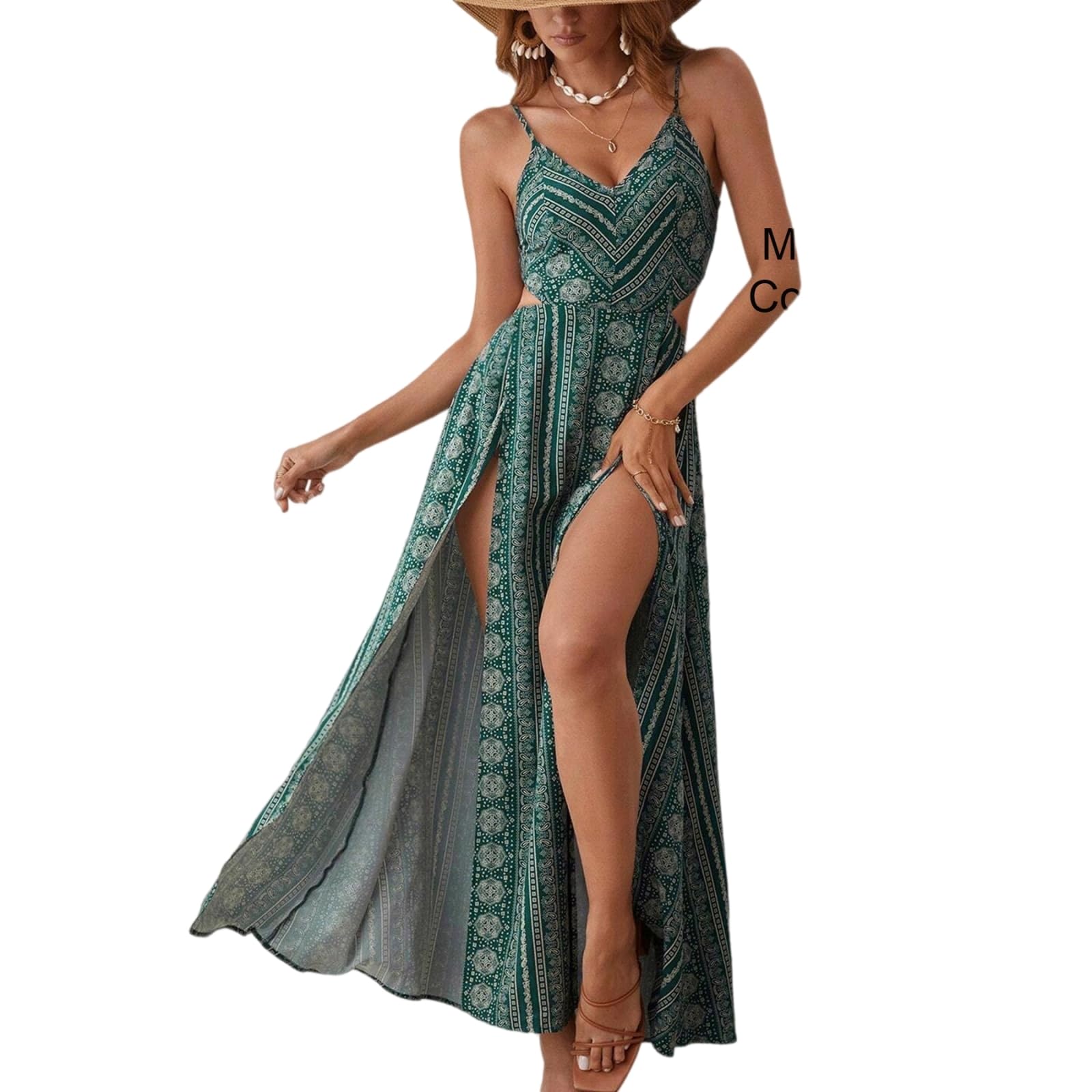 Vestito Abito Maxi Senza Schienale A Scollo in V Profondo da Donna - Stampa Floreale con Fessura Alta alla Coscia per Vacanze sulla Spiaggia E Feste Estive-Green-XL