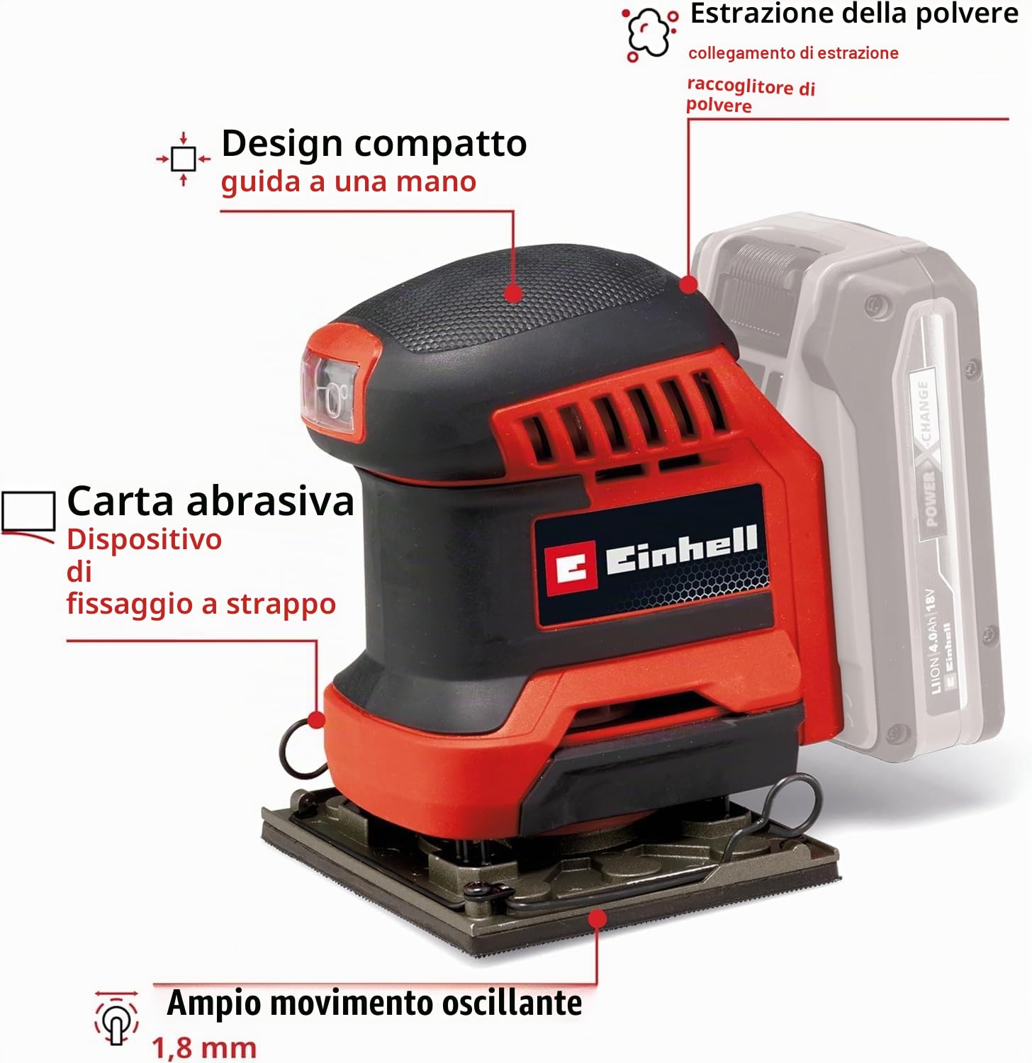 Einhell Levigatrice a batteria TE-OS 18/113 Li-Solo Power X-Change (18 V, levigatrice orbitale, circuito orbitale da 1,8 mm, incl. 2 x carta vetrata P120, senza batteria)