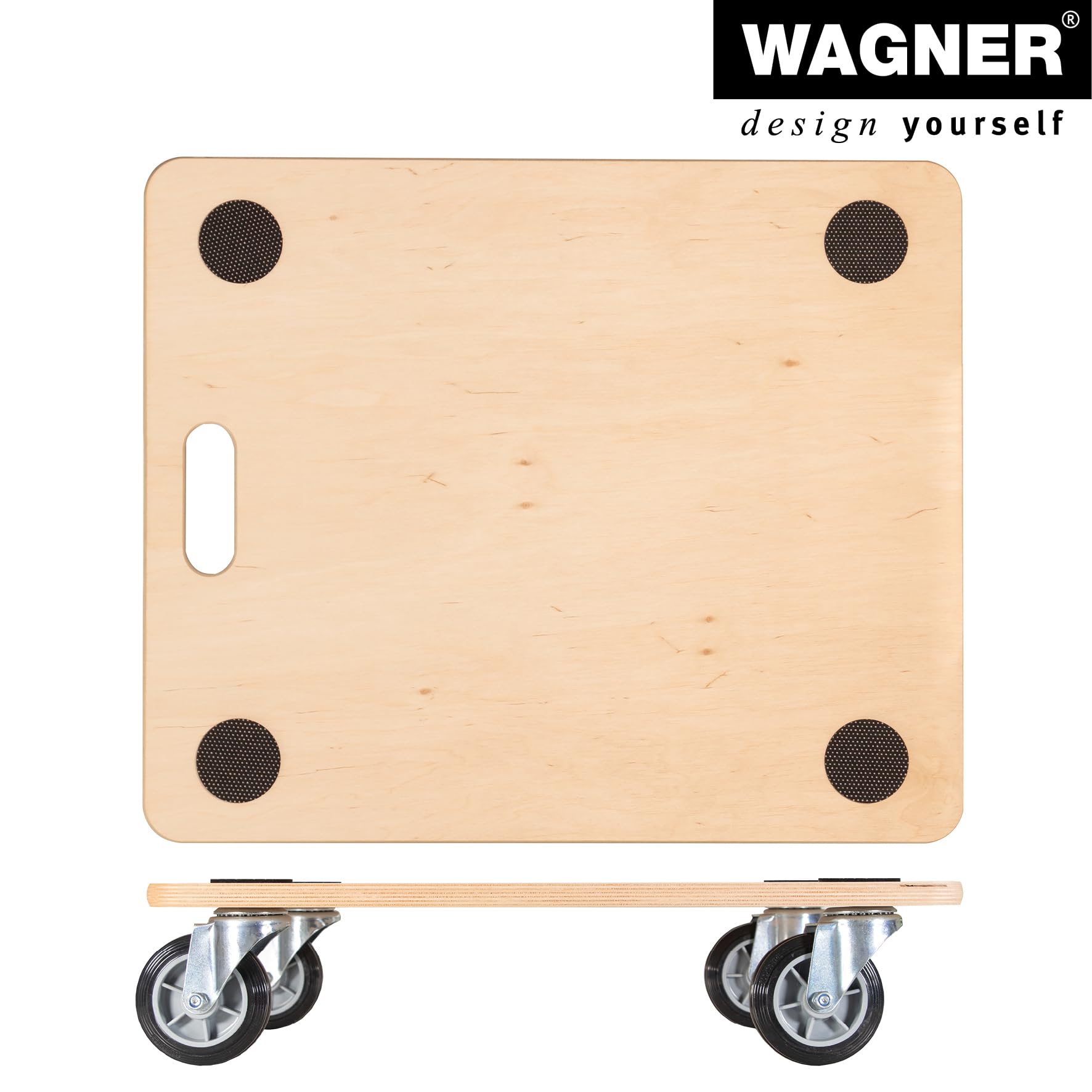 WAGNER Transportroller Transporthilfe 1087 I Schichtholz I 60 x 50 x 13,5 cm, Tragkraft 400 kg I Möbelroller für Umzüge I Schwerlastrollbrett Vollgummi Soft-Rollen I Tragegriff I FSC® I Made in DE