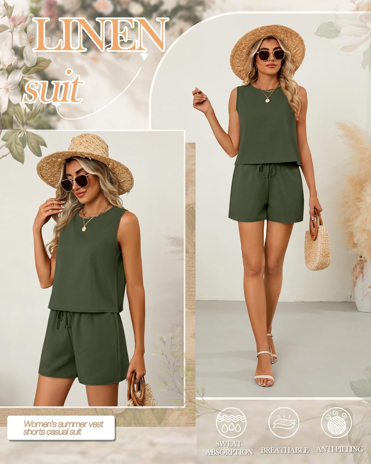 Ficerd Women's Summer 2 Piece Outfits Sets Cotton Linen Sleeveless Crop Top Tank and Drawstring Casual Shorts with Pocket - Image 4