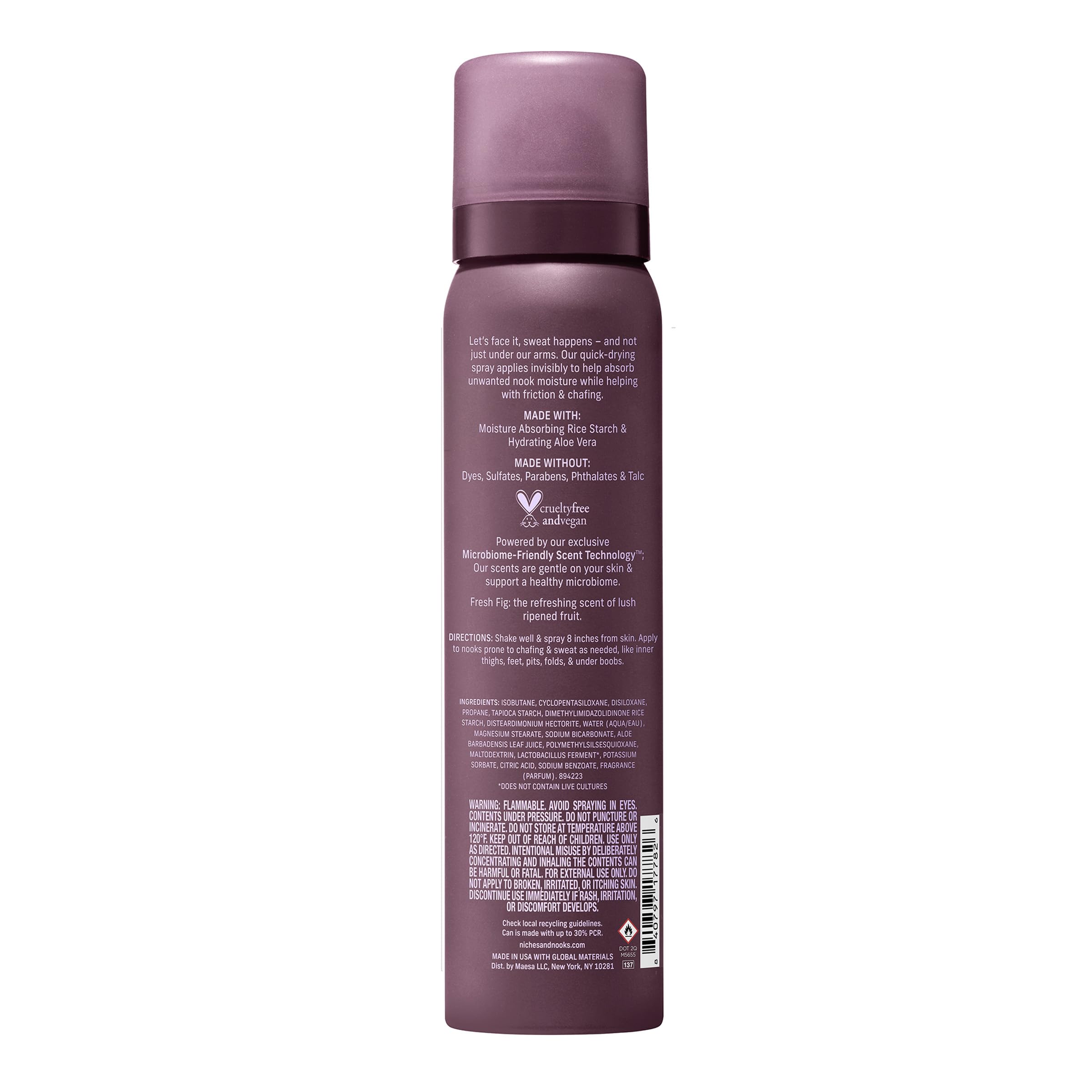 Niches & Nooks Sweat Absorbing Anti Chafing Barrier Body Spray for Women - Fresh Fig - Intimate pH Balanced Feminine Spray Relief For Thighs & Skin - Travel Size - Vegan + Phthalate Free - 2oz