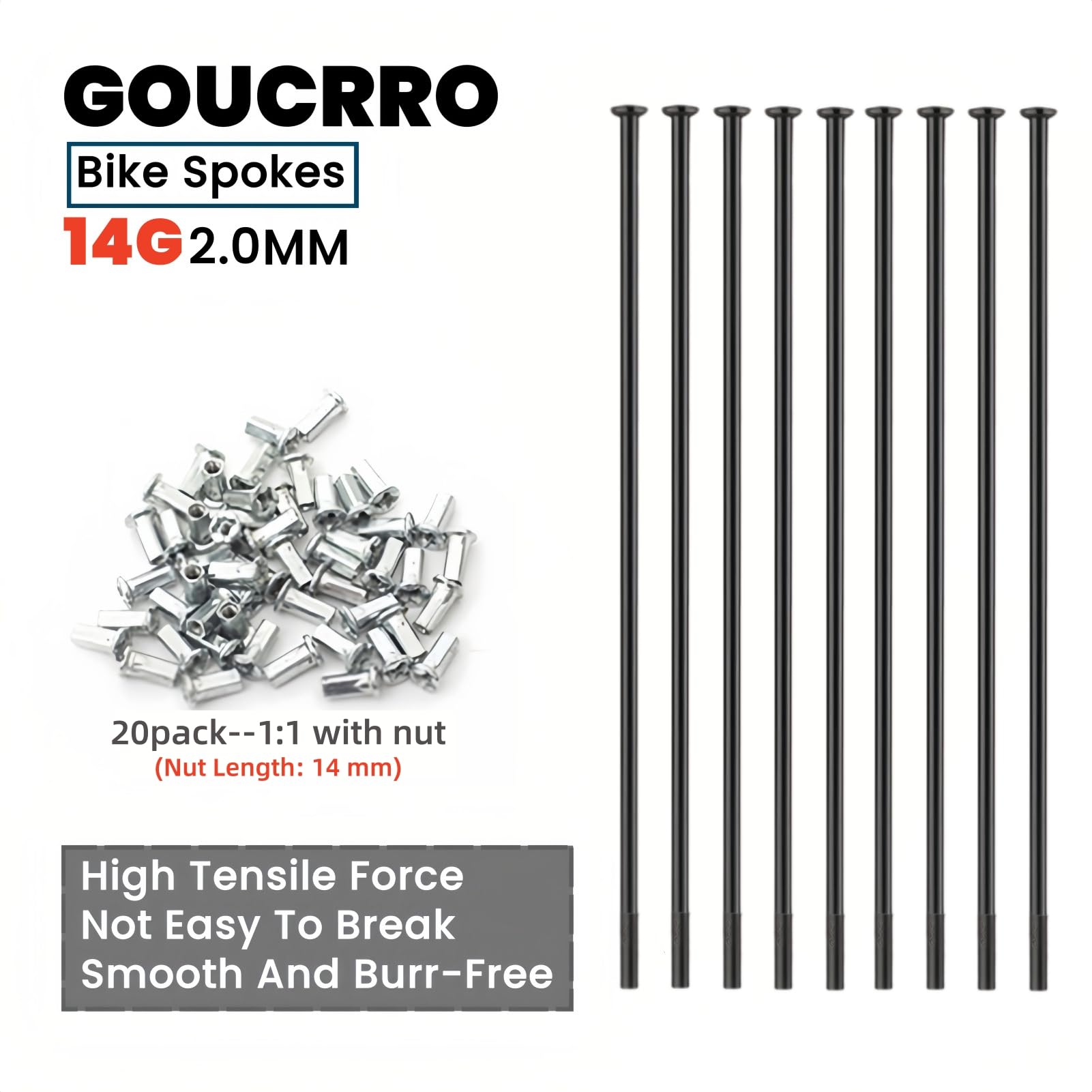 14G Fahrradspeichen Straight Pull Schwarz Fahrradspeichen 2,0 mm Fahrradspeichen für Mountainbike, Rennrad, Klapprad, 20 Stück mit Kupfernipples