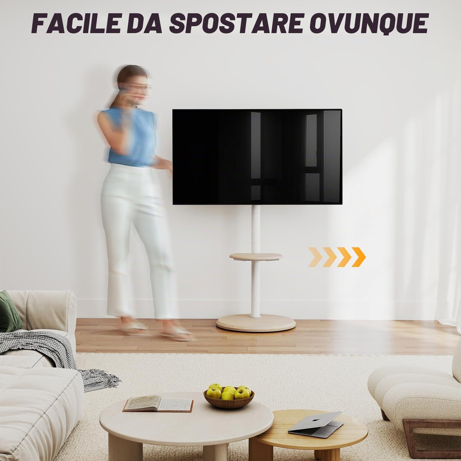 RFIVER Supporto TV da Pavimento Mobile per 32-65 Pollici, Carrello TV con Base Rotonda in Legno e Ruote Nascoste, Altezza e Inclinazione Regolabili, Fino a 40 kg, VESA Max 400x400mm