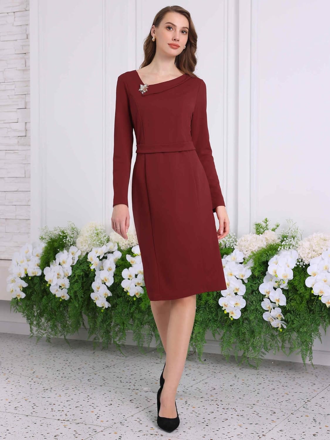 Women's Elegant Sheath Dress Asymmetrical Neckline Wear to Work Pencil Dresses - Image 2