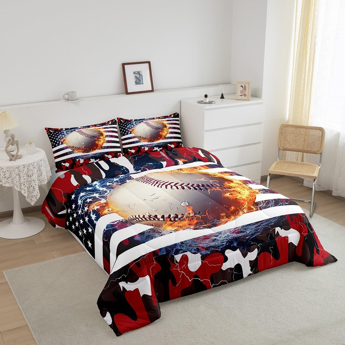 Erosebridal Baseball Comforter Set, Twin Size, Boys American Flag Quilted Duvet Camouflage Bedding for Kids Teens Adult Men, USA Federations Stars Duvet Set, Black and Red Bedroom Decor