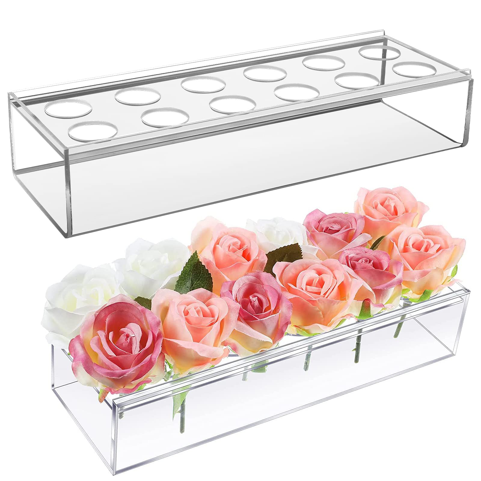 Rectangular Acrylic Vase Flower, Clear Acrylic Rectangular Floral Centerpiece Decorative Acrylic Modern Vase for Dining Table Weddings Home Decor (35cm-14holes)