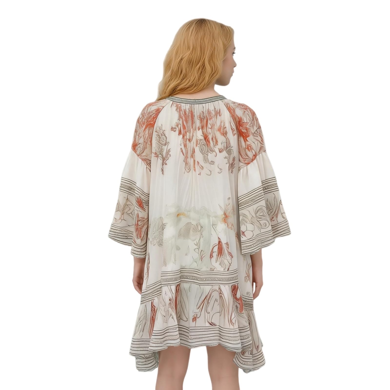 Vestito Donna Estate Floral Midi Abito Manica Lunga Sciolto Adatto Ruffle Dettaglio Elegante Stampato Vacanza Casual-Beige-m