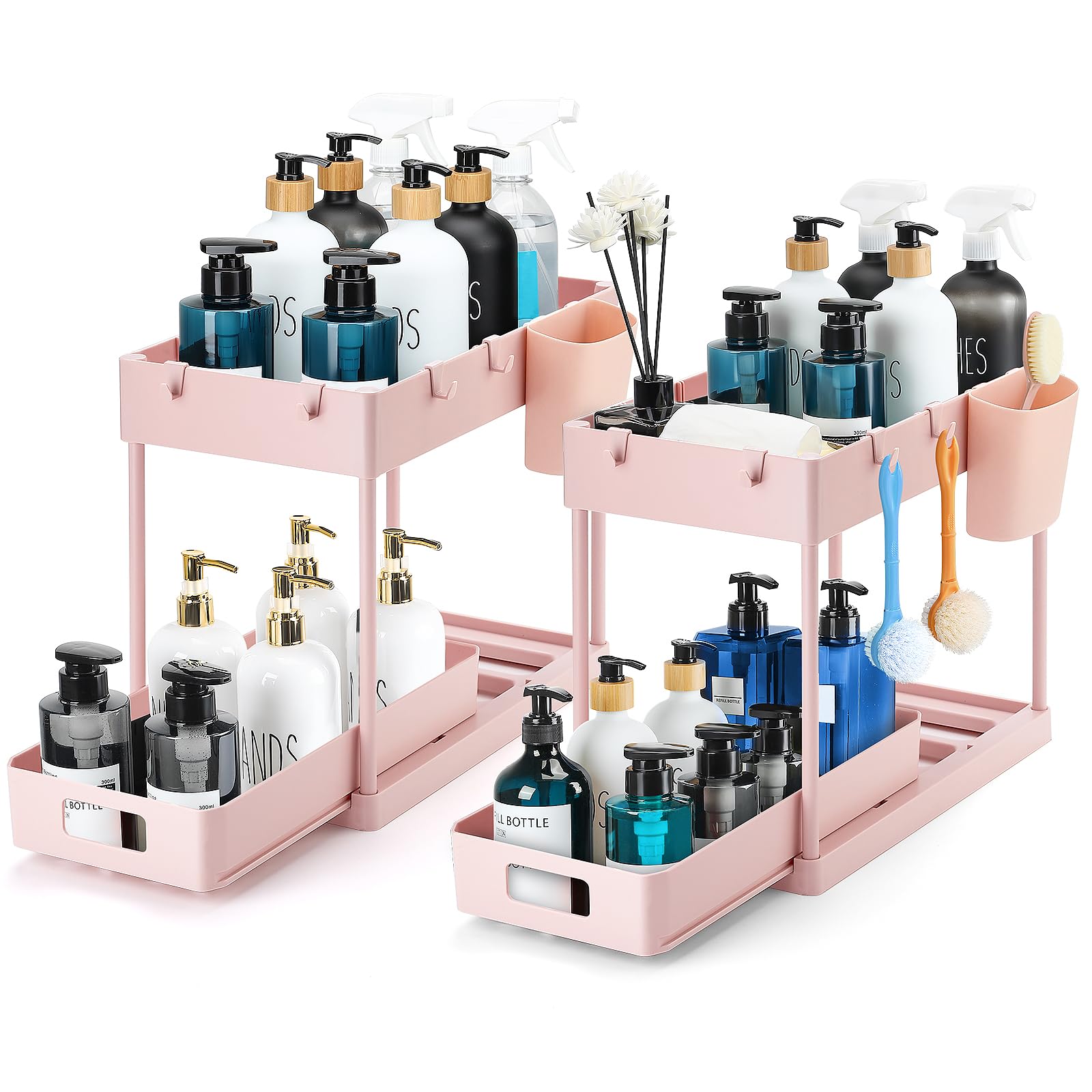 Ravinte 2 Pack Pull Out Under Sink Organizer 2 Tier Multi Purpose Sink Organizers Storage For Bathroom Kitchen Sink Storage Organizer With Hook & Hanging Cup Pink Sliding Cabinet Organizers