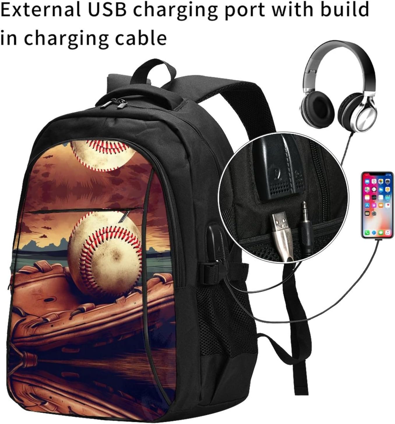 Travel Laptop Backpack Business Backpack for Men Women Retro Baseball Travel Backpack with USB Charging Port image 2