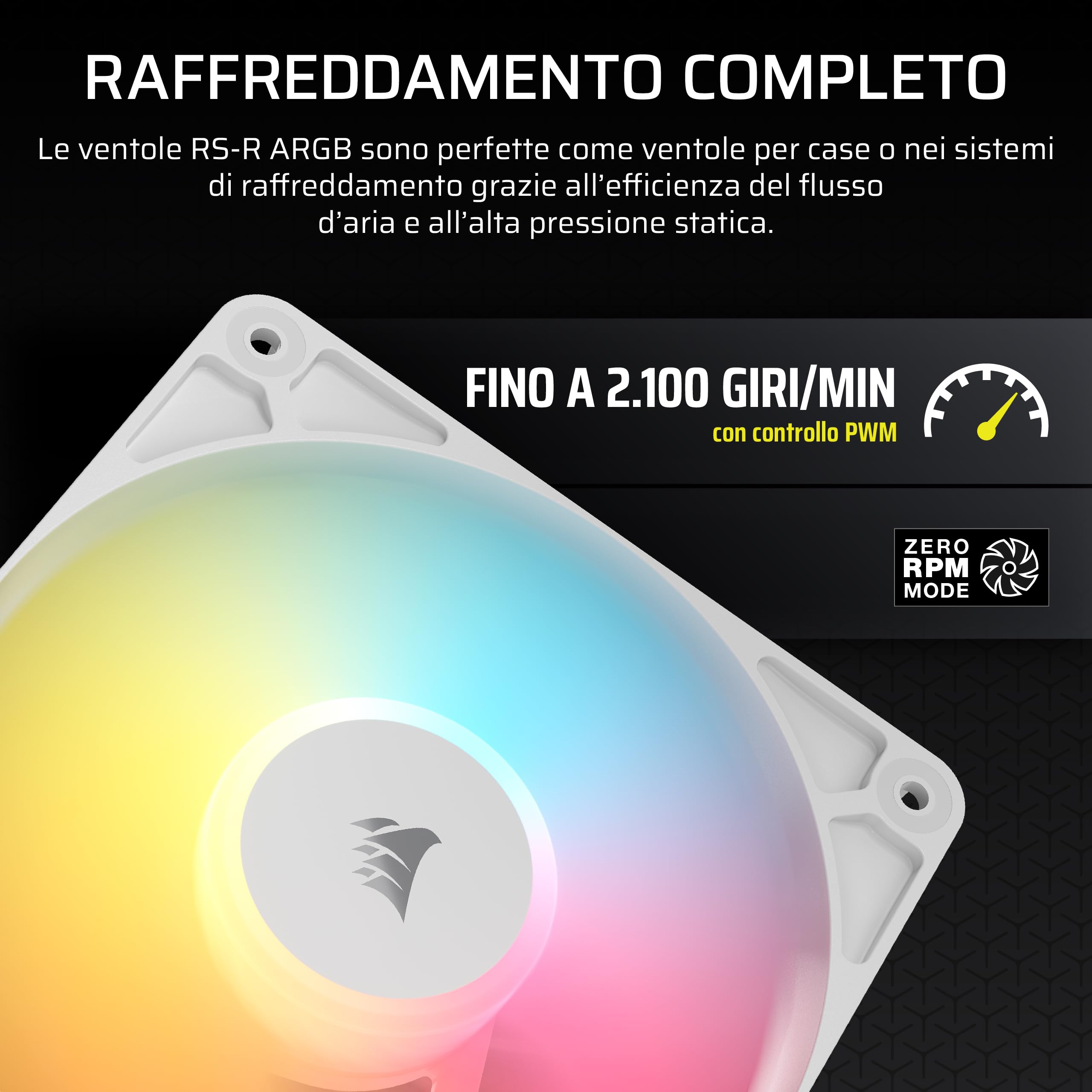 CORSAIR RS120-R Ventole ARGB PWM 120mm Inverse Flow – 3 Pezzi – 8 LED RGB, Connessioni ARGB a +5V, Alta Pressione Statica, Daisy-Chain, Cuscinetto Magnetico, Modalità Zero RPM – Bianco