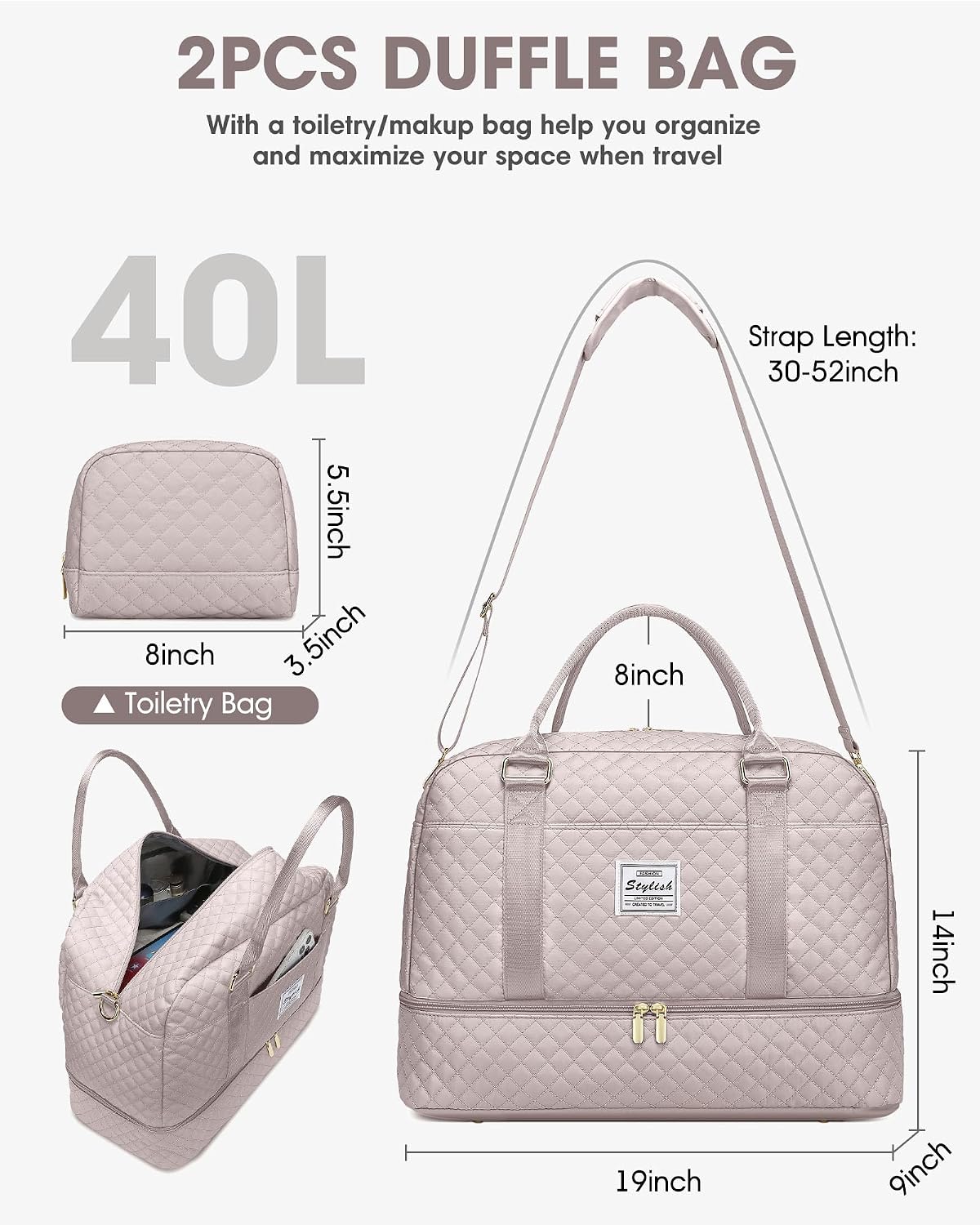 Weekender Bags for Women Travel Bag - Duffle Bag with Shoe Compartment Carry on Overnight Bag for Women Hospital Bags for Labor and Delivery 2Pcs Set Nude Pink
