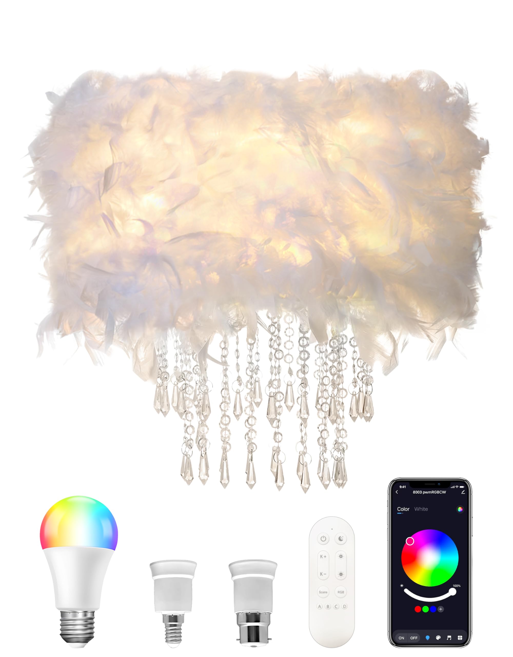 Feather Light Shade with Smart RGB Light Bulb, Remote & APP Control, Acrylic Beads Droplets, 1,000 Lumens, 15W, 2,700K to 6,500K, 40cm, White