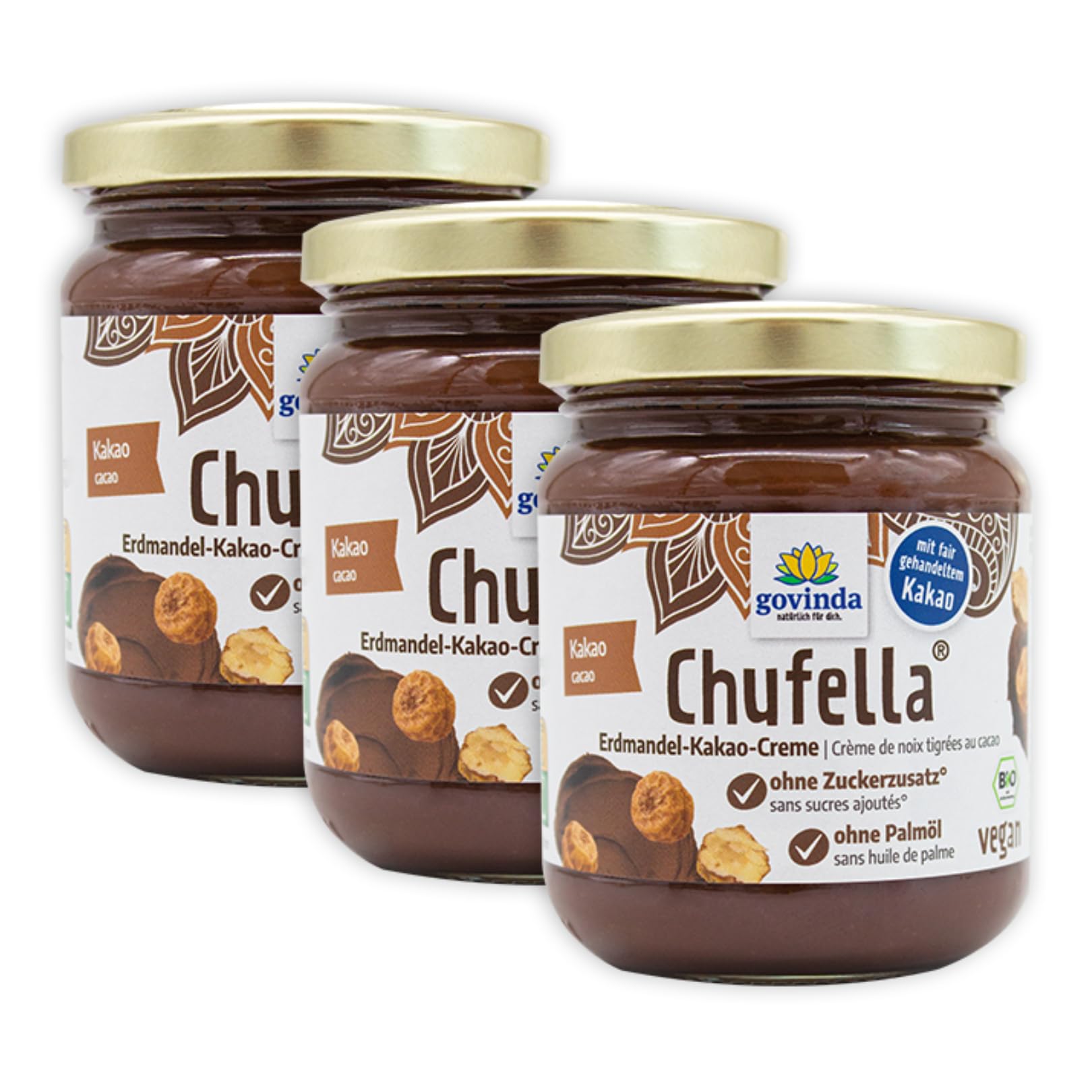 Govinda Bio Chufella 660g (3x220g) Sparpack – Erdmandel-Kakao-Creme | Vegan | Aus kontrolliert biologischem Anbau | Ohne zugesetzten Zucker | Ohne Palmöl | Gluten- & Laktosefrei | FR-BIO-01